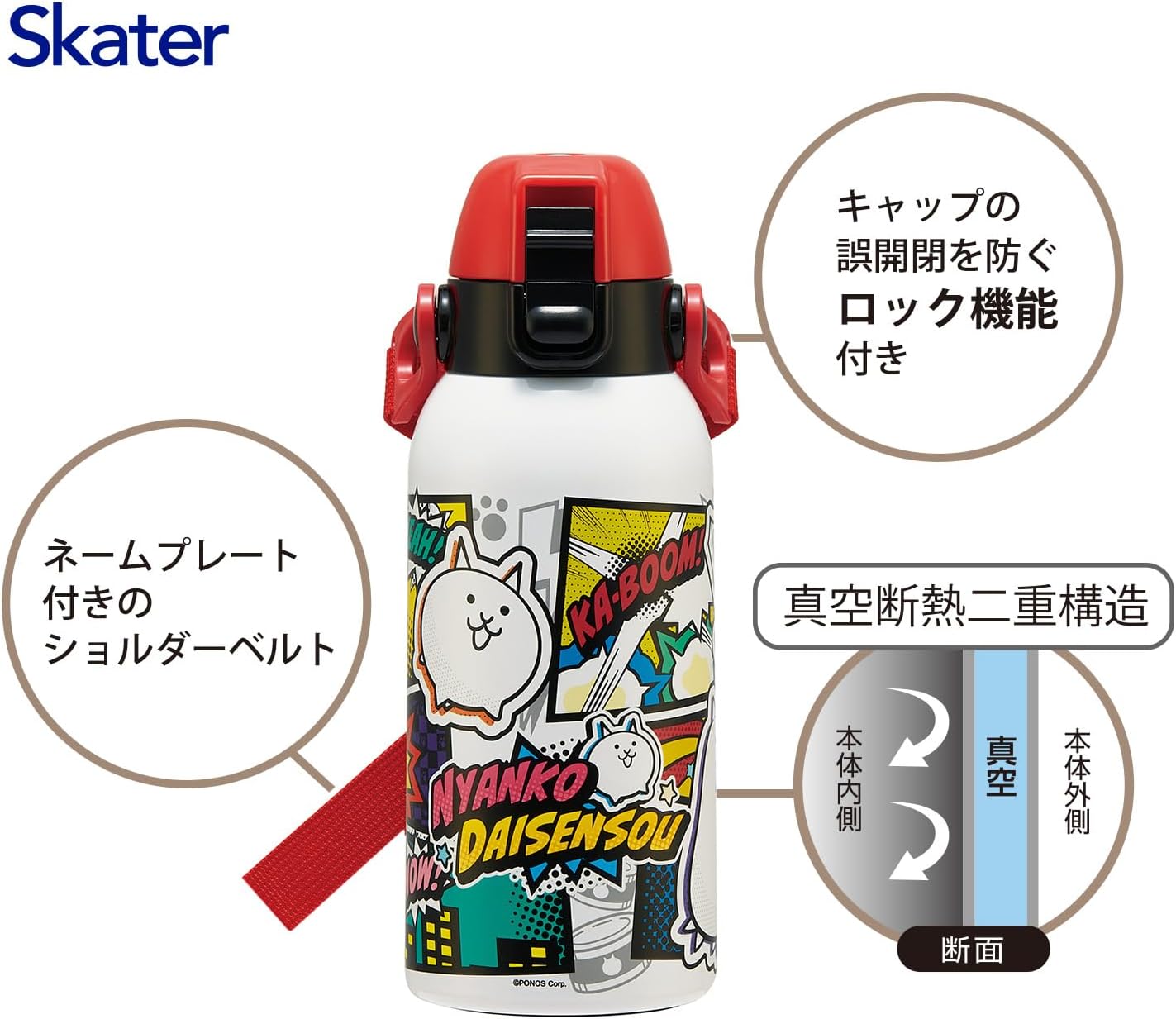 Skater STCH6-A Children's Water Bottle, Direct Drinking, 20.3 fl oz (600 ml), Cat War 26, Boys, Girls, Cold Retention, Stainless Steel, Lightweight Type, Sports Bottle, Kids, Water Bottle