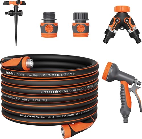 Miniatura 13 de Giraffe Tools Manguera de jardín de 50 pies x 5/8", manguera de agua resistente, manguera híbrida flexible y ligera con mango giratorio, accesorios