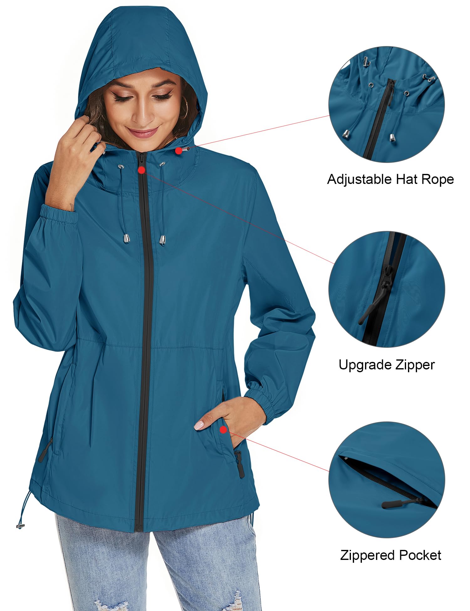 TCOT Chaquetas impermeables para mujer, cortavientos, ligeras, portátiles, para la lluvia