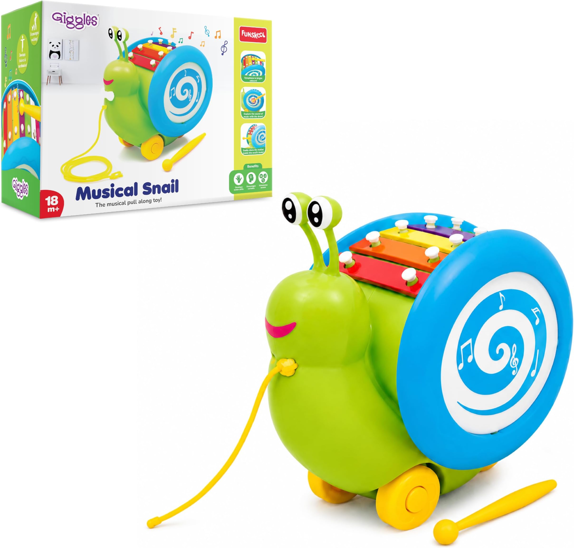Funskool Giggles - 3 in 1 Pull Along Musical Snail,Toys for Kids, Xylophone for Kids, Drum Set, Walking Preschool Toys (18 Months & Above, Infant, Multicolour