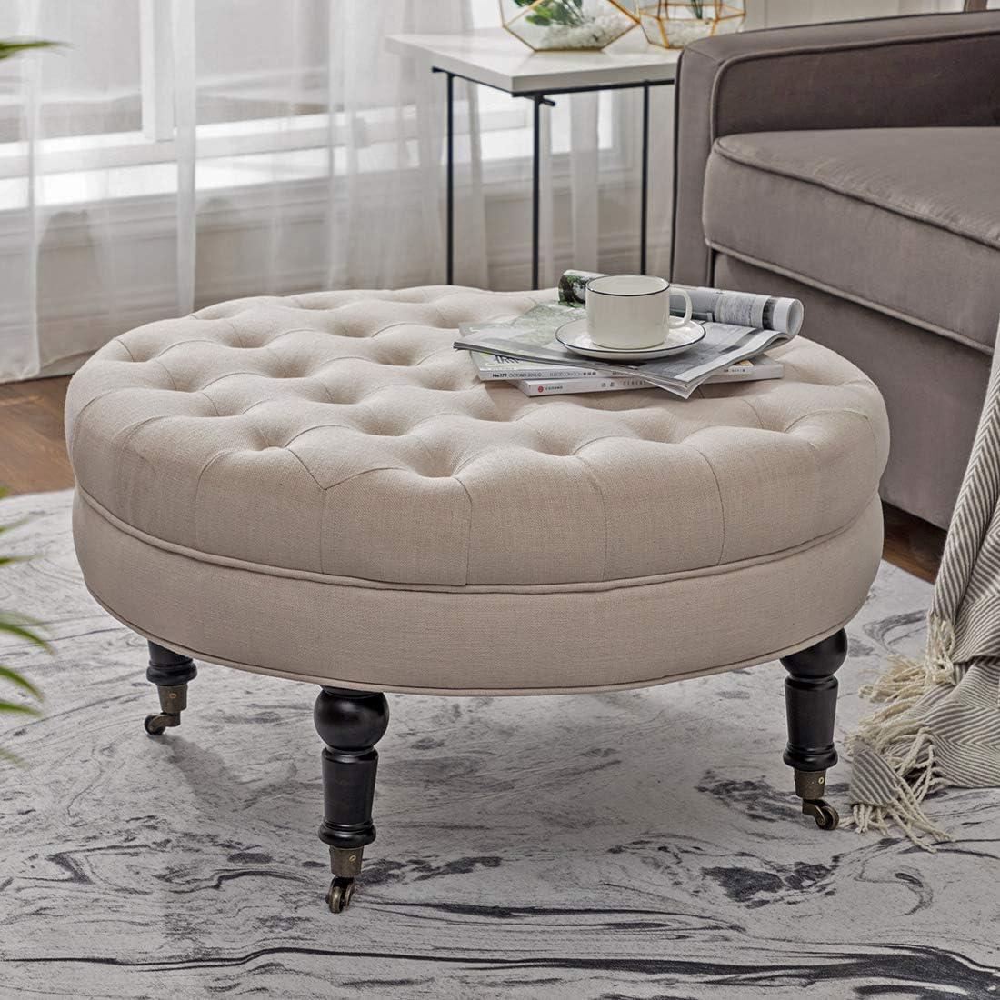 Simhoo Large Round Tufted Lined Ottoman Coffee Table with Casters,Beige Upholstery Button Footstool Cocktail with Wheels for Living Room