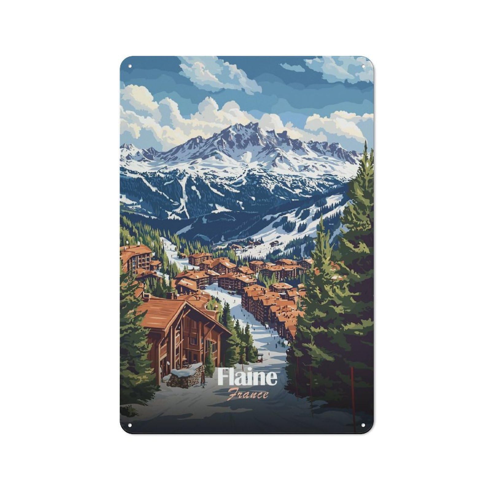 Junmoney Style-10 Metal Wall Plaque With Flaine, France Ski Resort Design 30X20cm, Simple Retro Studio Wall Plaque For Hobby Room, Office, Lounge Or Living Room