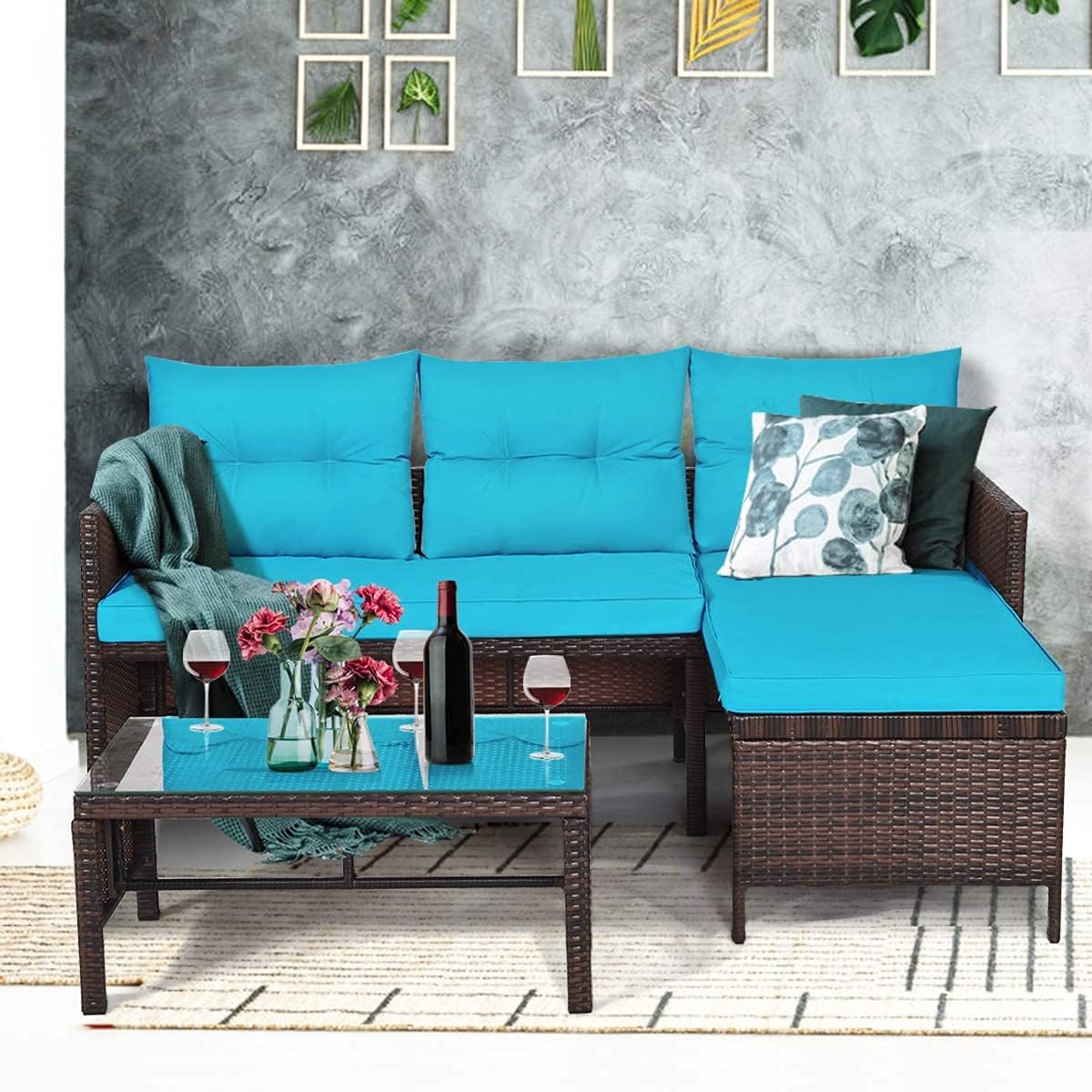 COSTZON HOMGX 3 Piece Patio Corner Sofa Set, Rattan Sofa Set w/Lounge Chaise, Loveseat Coffee Table, Modern Outdoor Sectional Furniture, Perfect for Patio Garden Poolside Lawn Backyard