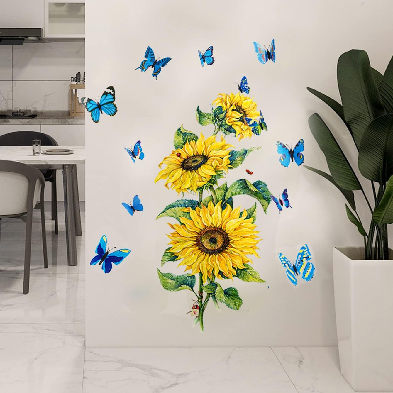 Sunflower Wall Stickers with 3D Butterfly Wall Sticker, Yellow Flowers Wall Decal,SPRT Waterproof and Removable, Sunflower Wall Stickers for Bedroom Living Room Bathroom Décor
