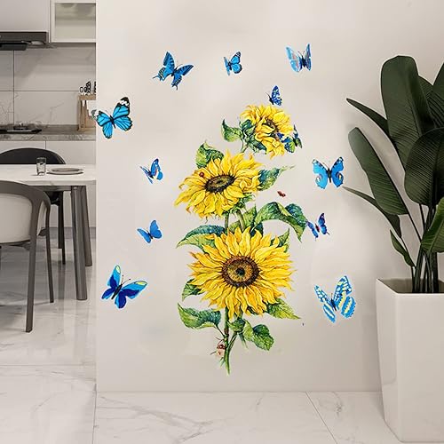 Calcomanías de pared de girasol con mariposa 3D, calcomanías de pared de flores de jardín, impermeables y extraíbles para dormitorio, sala de estar,