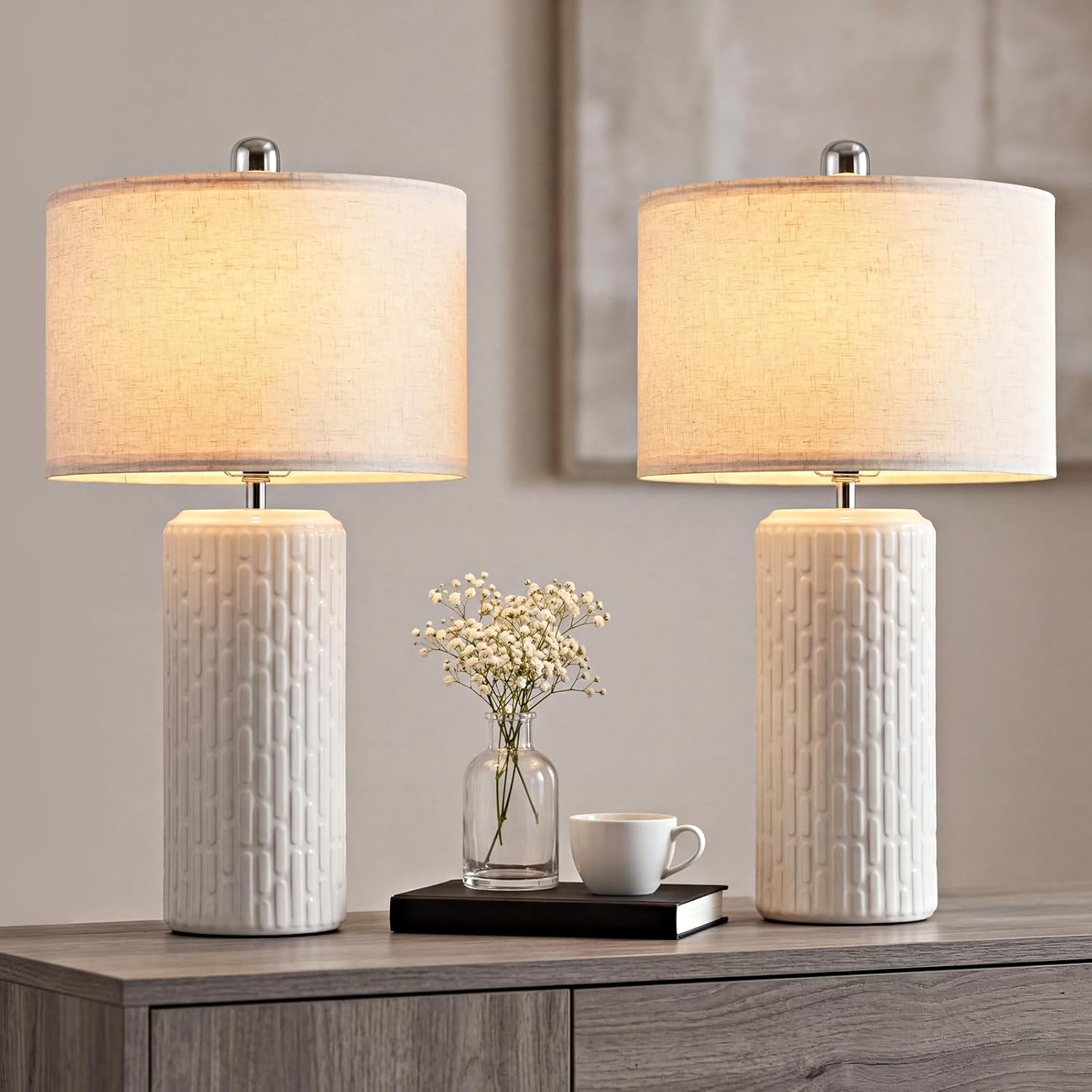 Modern Ceramic Table Lamps Set of 2 for Bedroom, 20.9" Farmhouse Bedside Nightstand Lamps with Lamp Shades, Boho White Washed Desk Lamps for Living Room, Office, Dorm, Home Decor