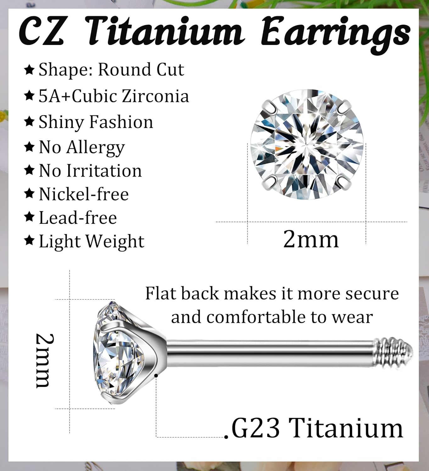 G23 Titanium Earrings 5A+Cubic Zirconia Flat Back Stud Earrings 14K Gold Hypoallergenic Nap Earrings 2-5MM Tiny Handmade Cartilage Stud Earrings for Women - Image 3