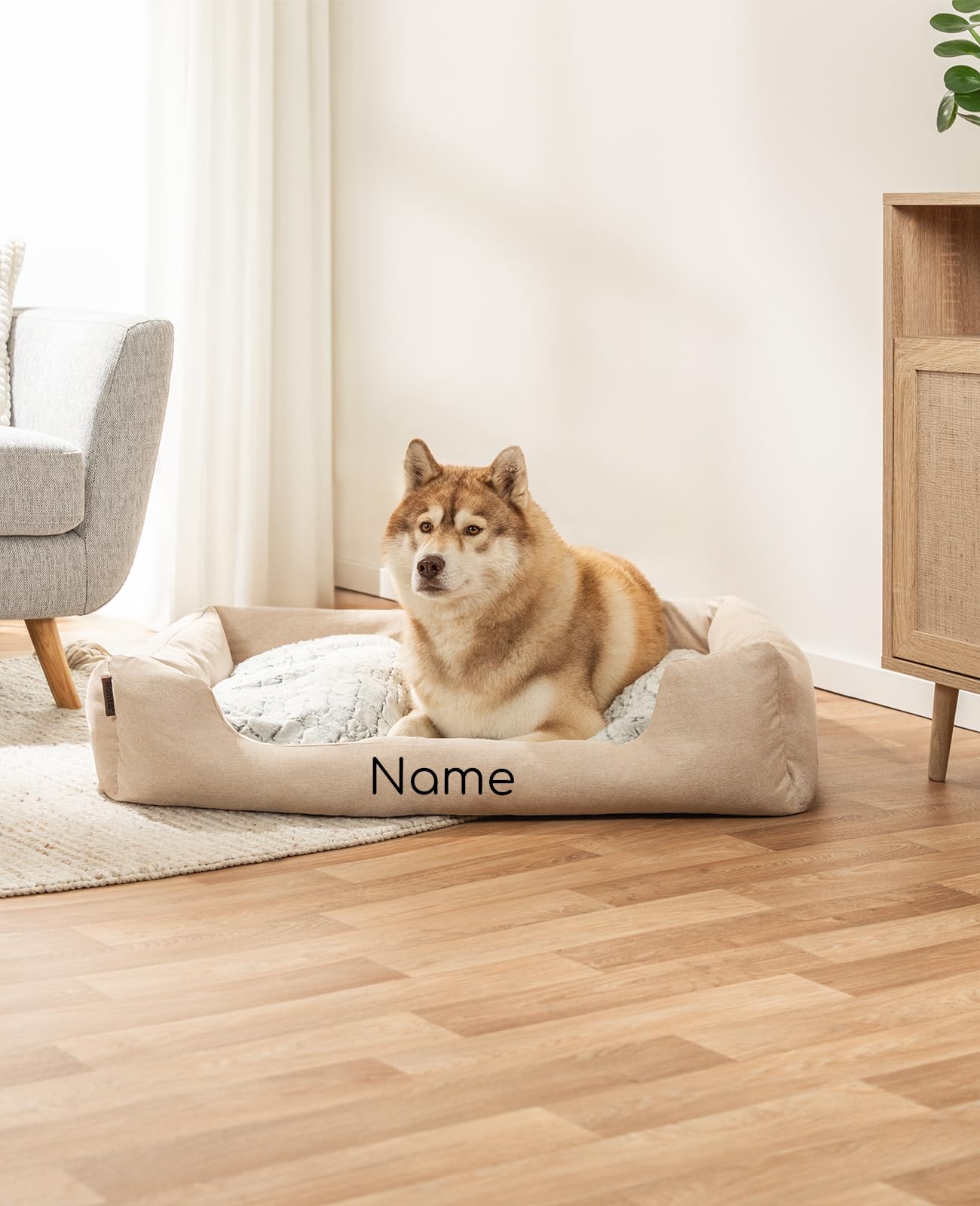 lionto Panier pour Chien avec Coussin réversible Moelleux, lit Douillet pour Animaux au Design chiné avec entrée Basse, pour Chiens & Chats de Toutes Tailles, 110x80 cm, Beige (avec nom imprimé)