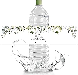 Wedding Water Bottle Labels, 50Pcs Glossy Greenery Waterproof Wrappers Wraparound Rectangle Label Thank You Stickers for Bridal Shower Birthday