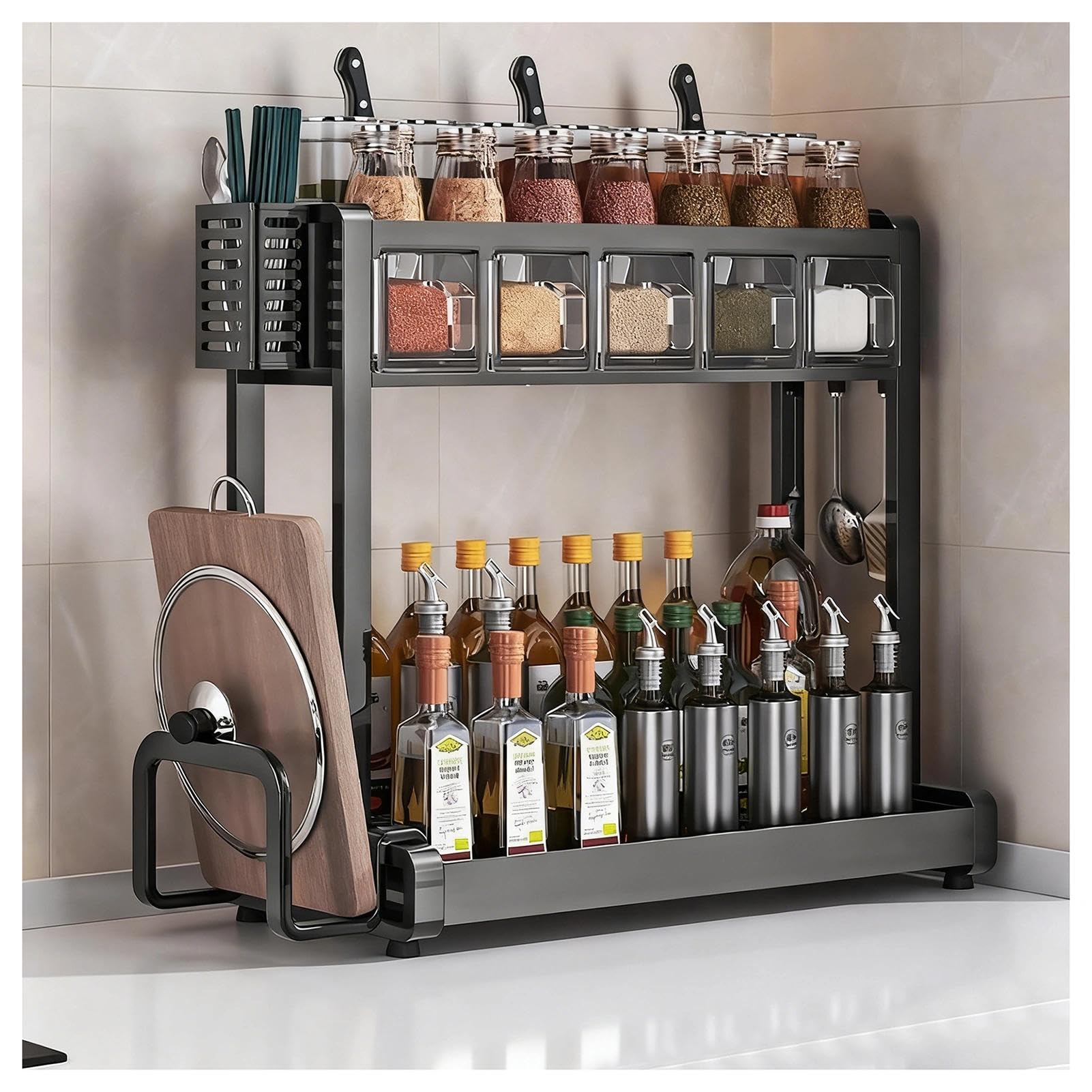 HADECOLL Metal Spice Rack For Kitchen, Organizer With Hooks And Utensil Holders, Storage For Sugar, Salt, Pepper And Oil Bottles,Black-5 Boxes