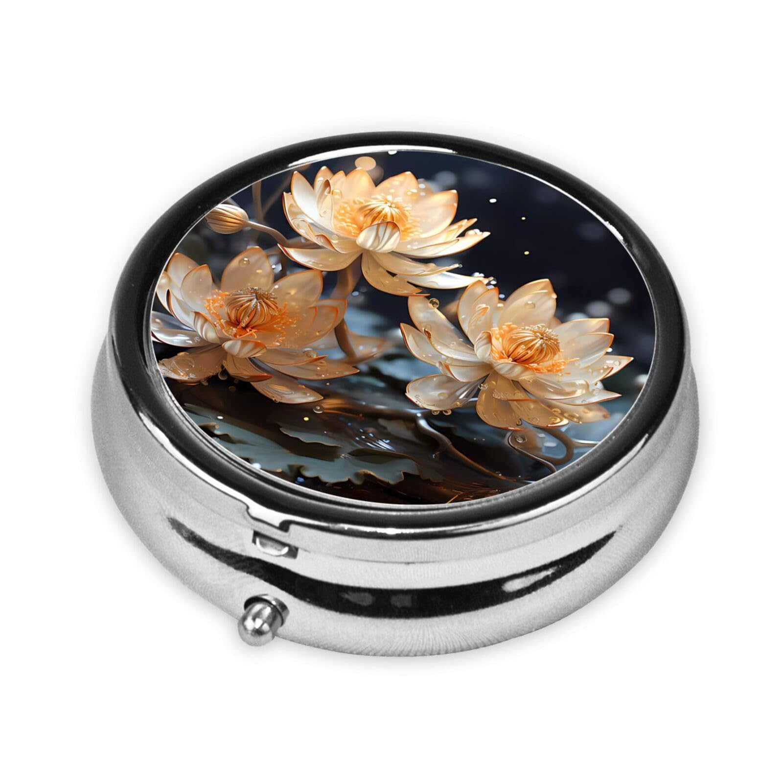 Cute 3-Compartments Round Pill Box Bohemian White Lotus Small Pill Case Portable Medicine Dispenser,for Pocket Purse