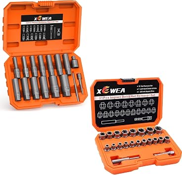 XEWEA 16 PCS Deep Bolt Extractor Set + 21 PCS 3/8" Drive Bolt Extractor Set, Nut and Bolt Extraction Remover Extraction Socket Tool Set or Broken, Damaged Bolts, Nuts & Screws