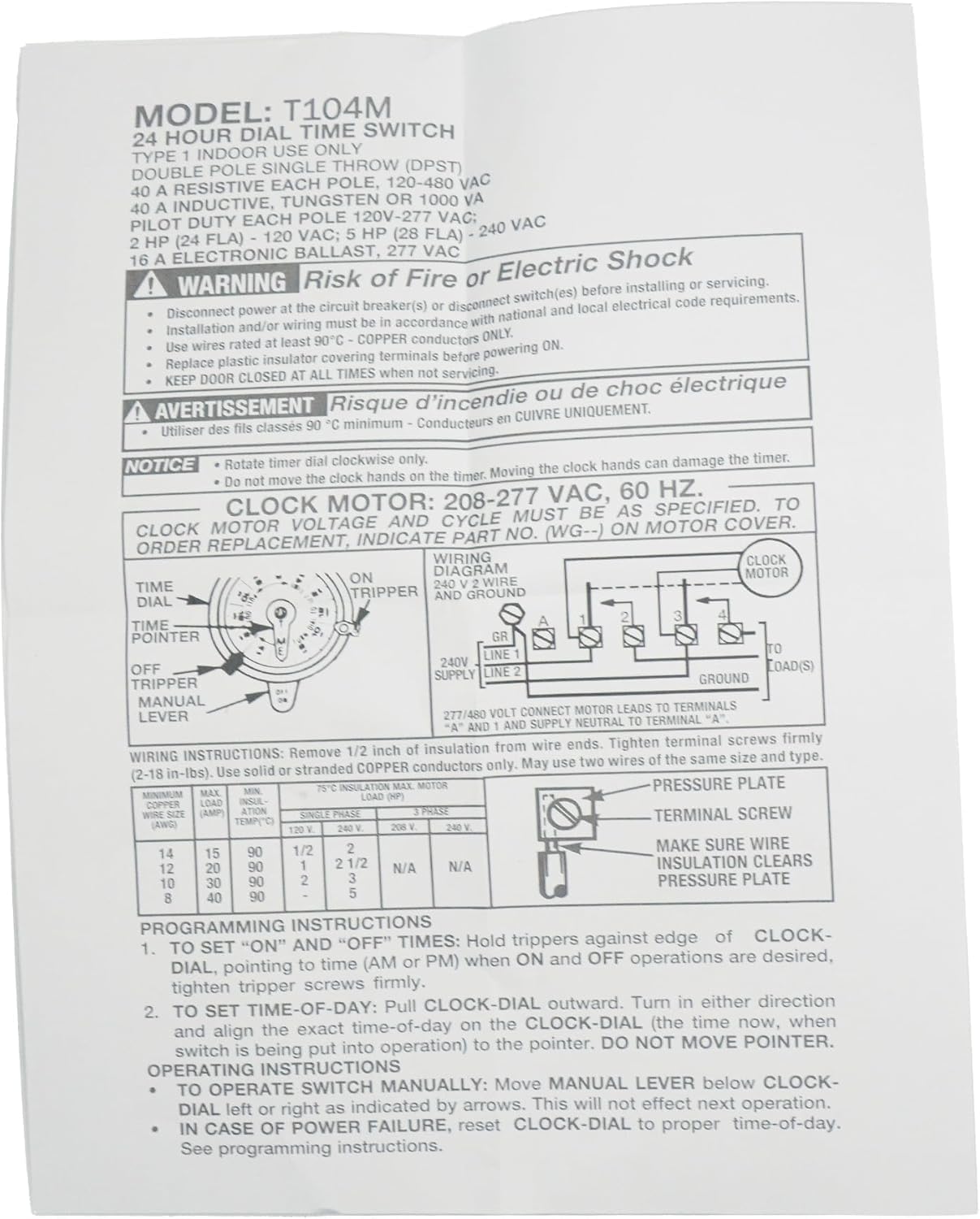 T104M Mechanical Time Switch,208-277 VAC 5HP 40A DPST Timer Switch,Versatile Scheduling,1-12 Cycles Per Day - Manual Override,Mechanism Only