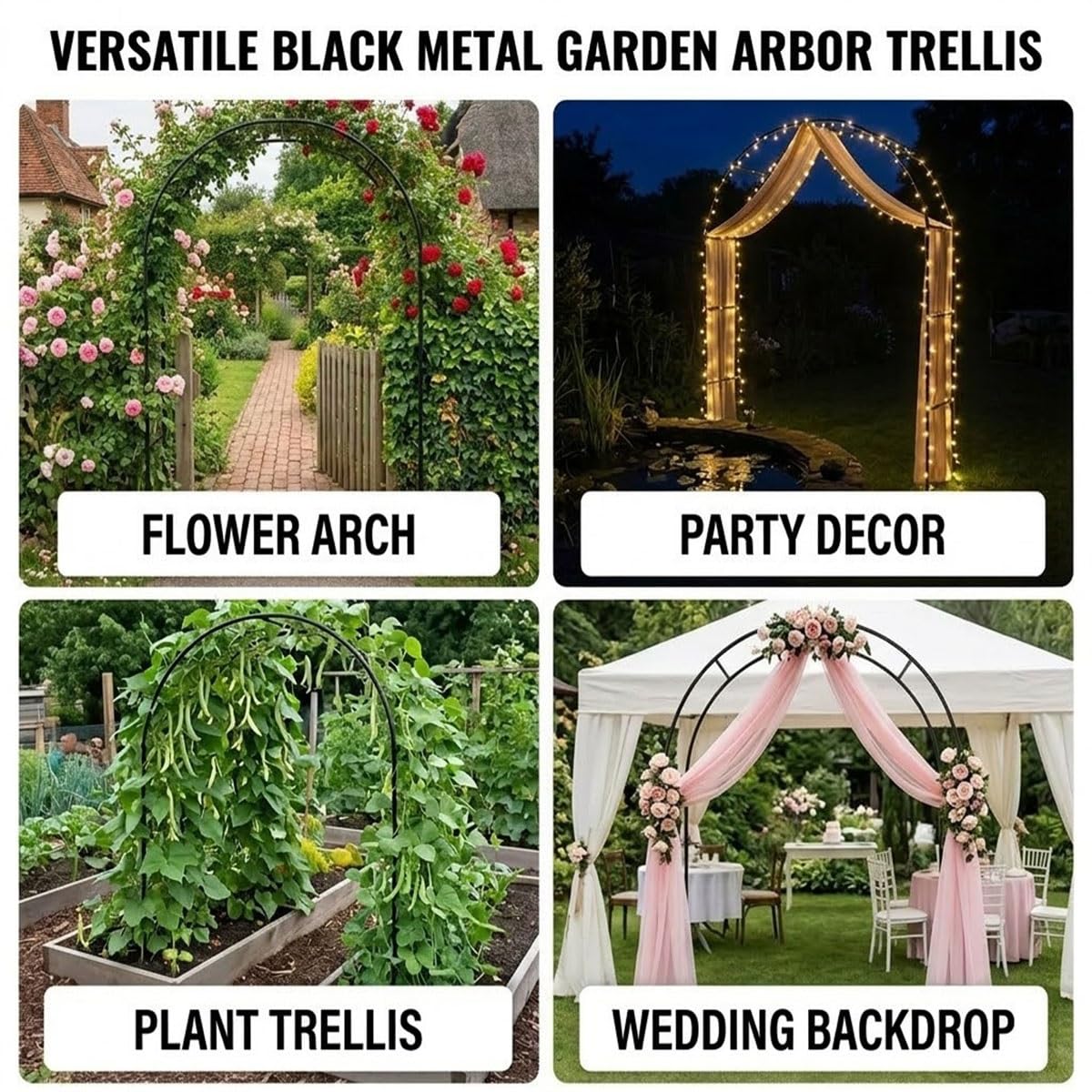 Schwarzer Metall-Gartenbogen für Kletterpflanzen – langlebiger, rostbeständiger Stahl-Laube für Rosen und Reben, 200 x 230 cm, Outdoor-Hochzeitsdekoration, perfekt für Halloween und Veranstaltungen