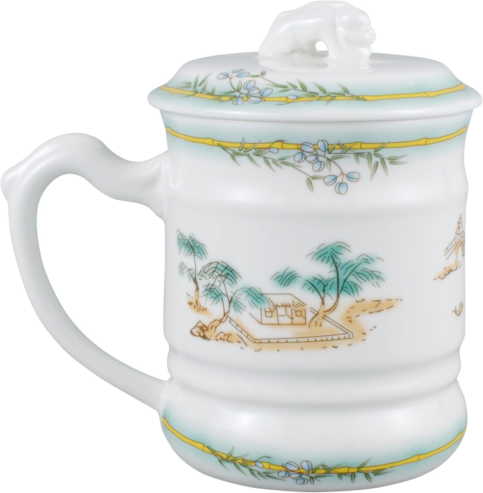 Neolith Chinese Style Ceramic Tea Cup with Lid West Lake Landscape Bamboo Decor 13.5 Ounces