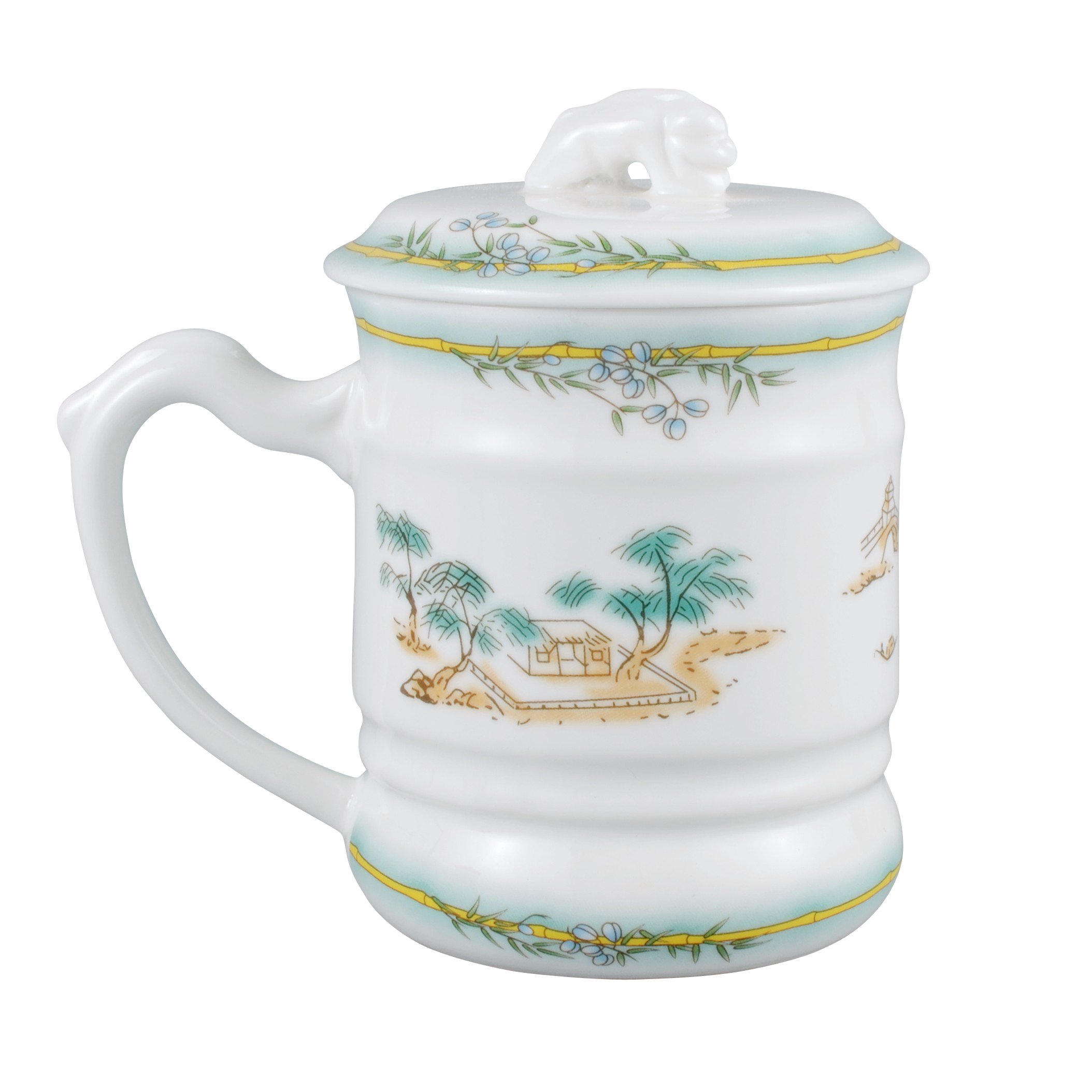 Neolith Chinese Style Ceramic Tea Cup with Lid West Lake Landscape Bamboo Decor 13.5 Ounces