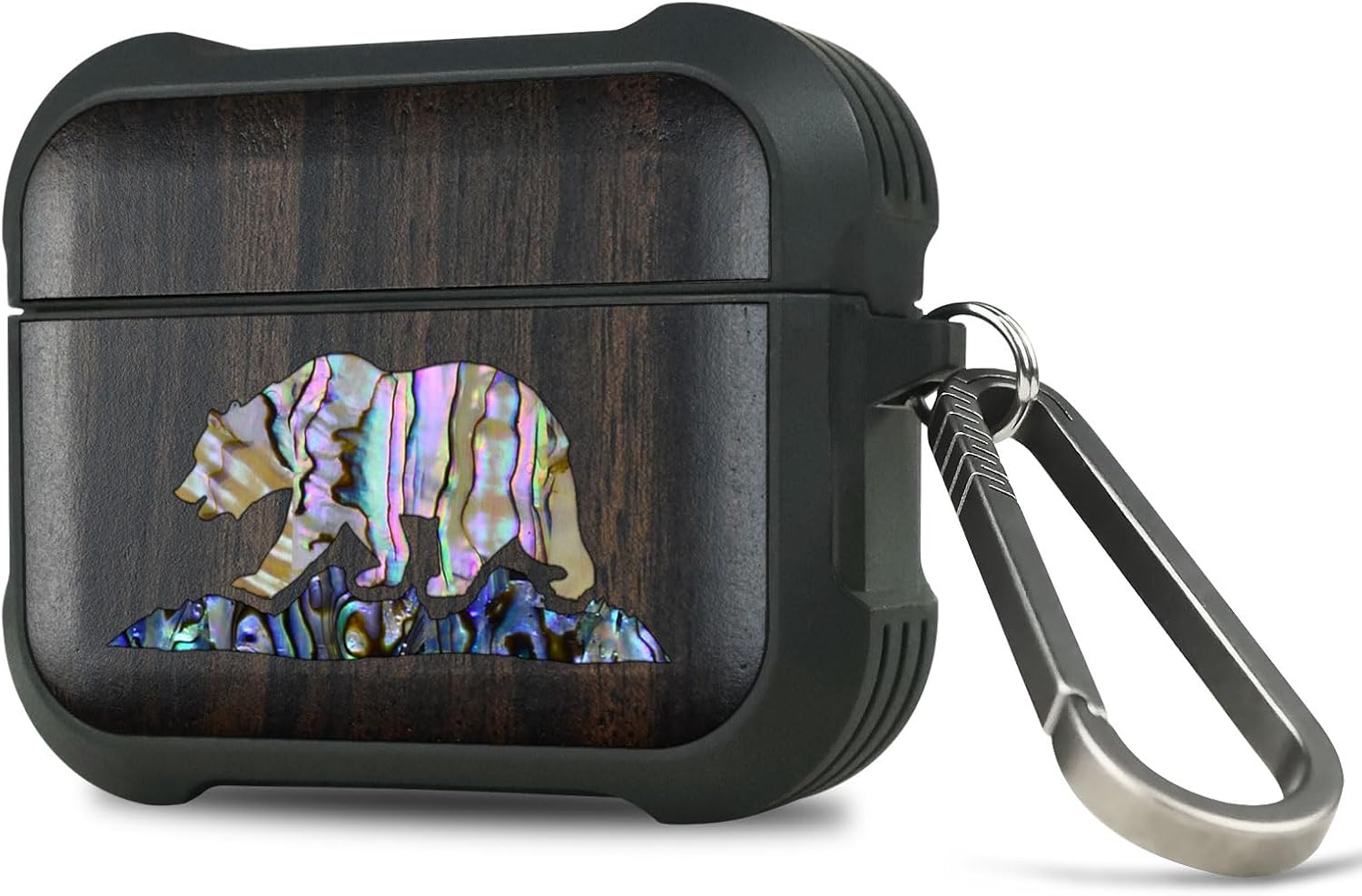 Carveit Wooden Case for AirPods Pro 3 Case (2025), Wood Artistic Engraved & Handmade Shell Inlay, TPU Shockproof Cover, Titanium Quick Released Clasp (Bear) Blackwood