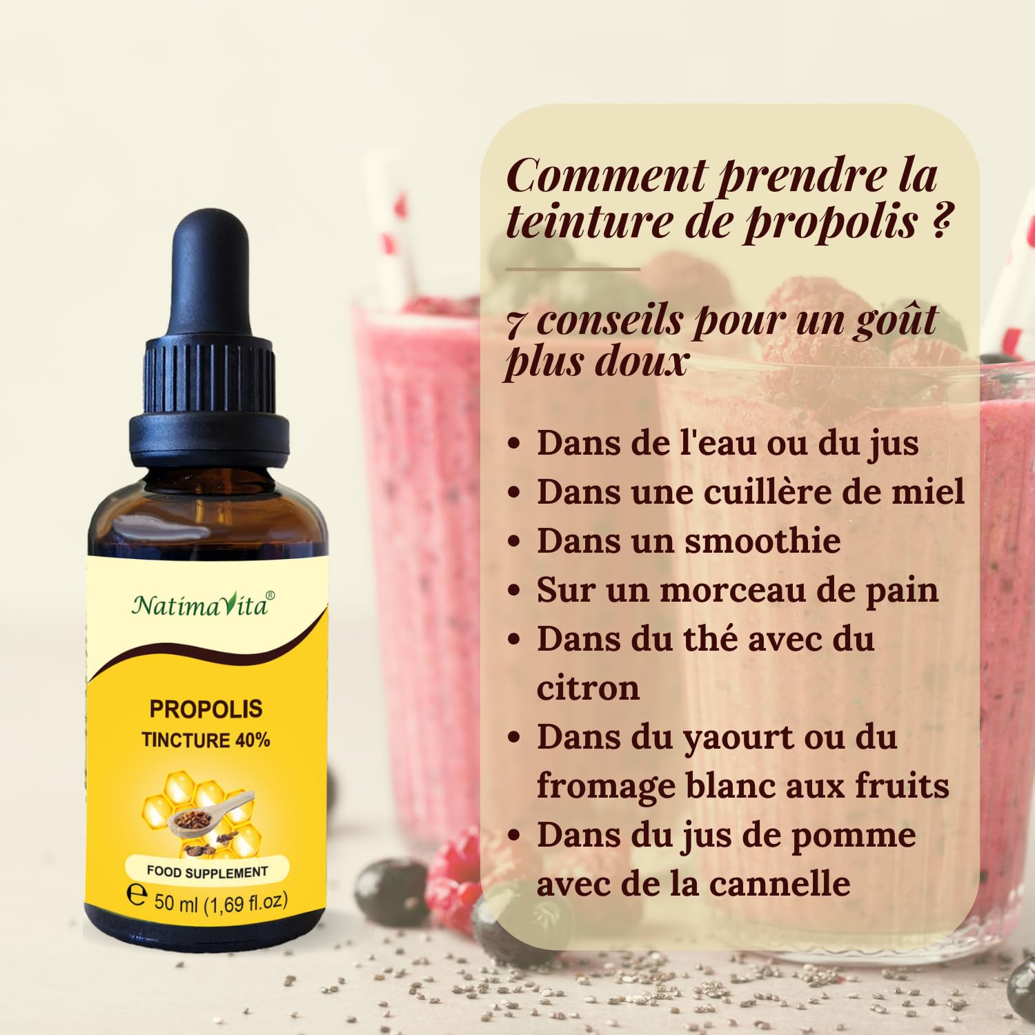 Teinture mère de Propolis 40% – 3 x 50 ml – Pure à forte dose de propolis gouttes – 100% naturel - Extrait de propolis - NatimaVita