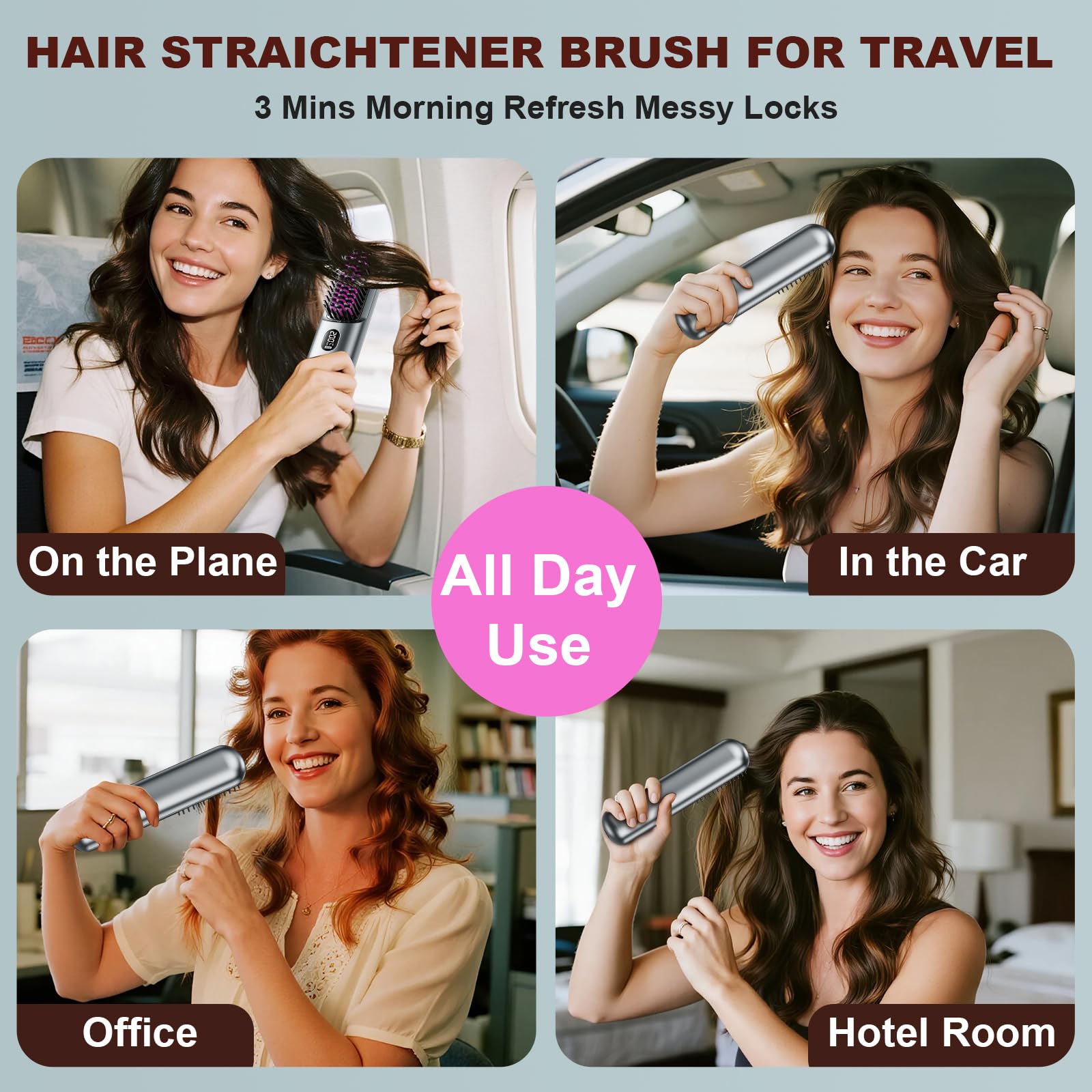 Brosse lissante sans fil, portable et pratique pour les voyages, rechargeable par USB, 9 600 mAh, ion négatif, chauffante, pour femmes et hommes (gris)