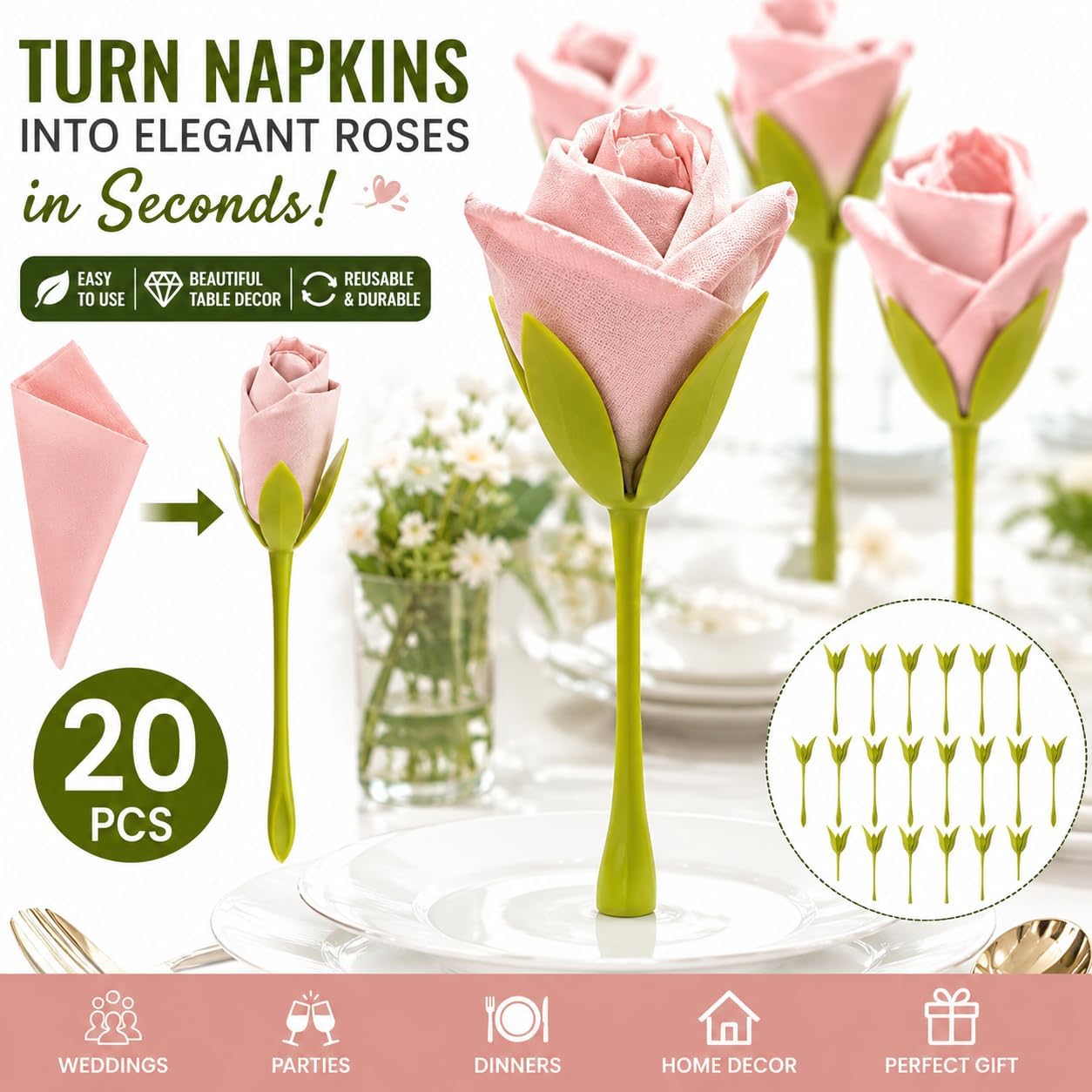Flower Napkin Holder Set, 20 PCS Rose Table Decor, No Napkins