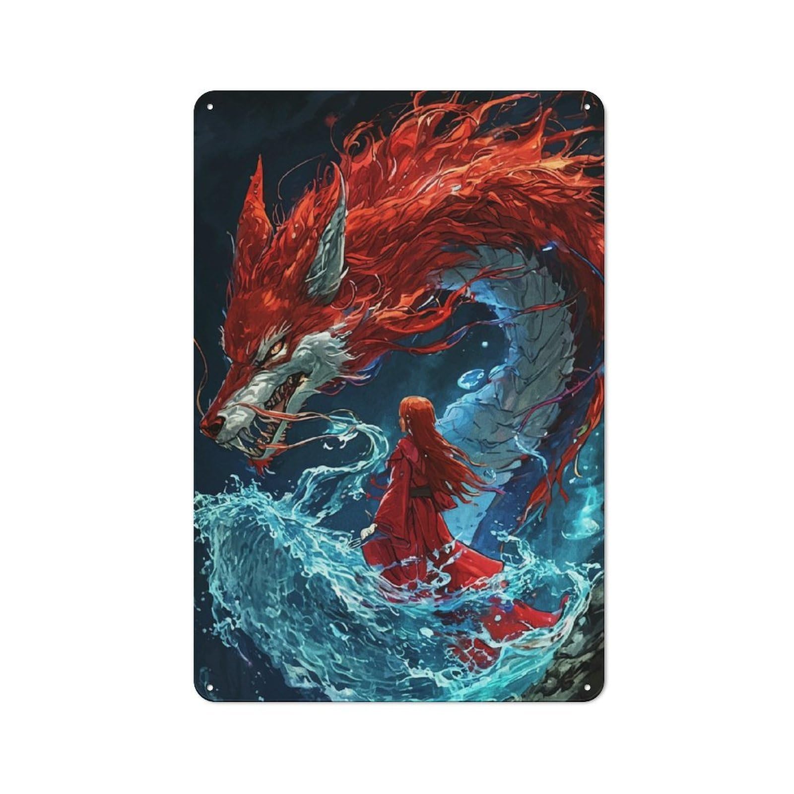 Junmoney Style-8 Metal Sign 30X20cm With Red Dragon And Woman In Water For Workshop Wall, Vintage Decor, For Vintage Wall Decor Fans, For Metal Sign Collectors