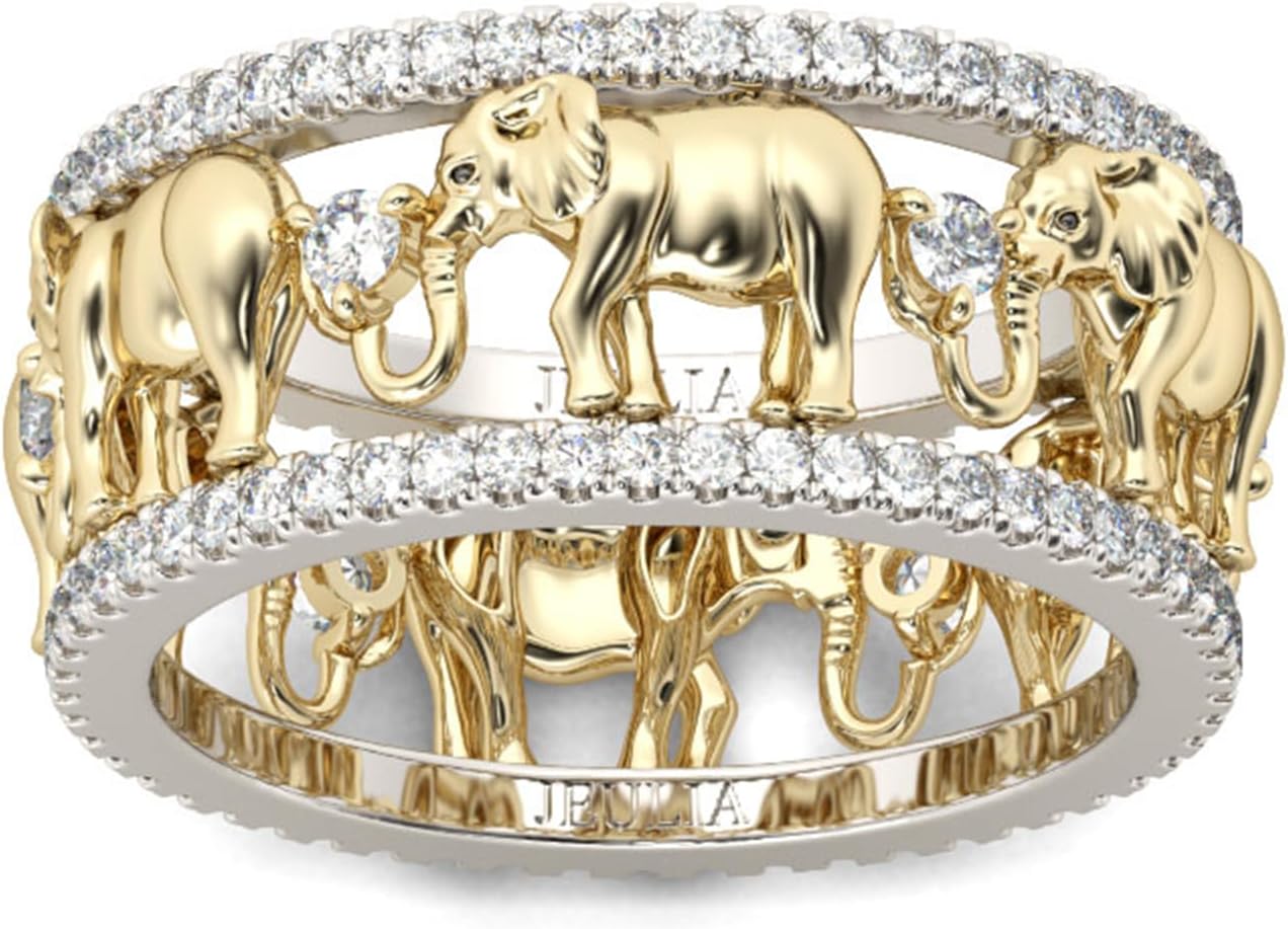Jeulia 1.5 Carat Elephant Wedding Band Ring for Women Men 18K Gold Plated Engagement Ring Set Two Tone Round Cut Cubic Zirconia Rings Anniversary Promise Romantic Gift