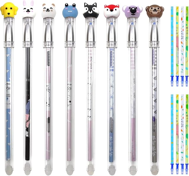 MAX COOK 8 Pcs Erasable Pens Black 0.5mm Rub Out Pens Rollerball Pens Cute Cartoon Animal Friction Pens for School Office Stationery Students Gift