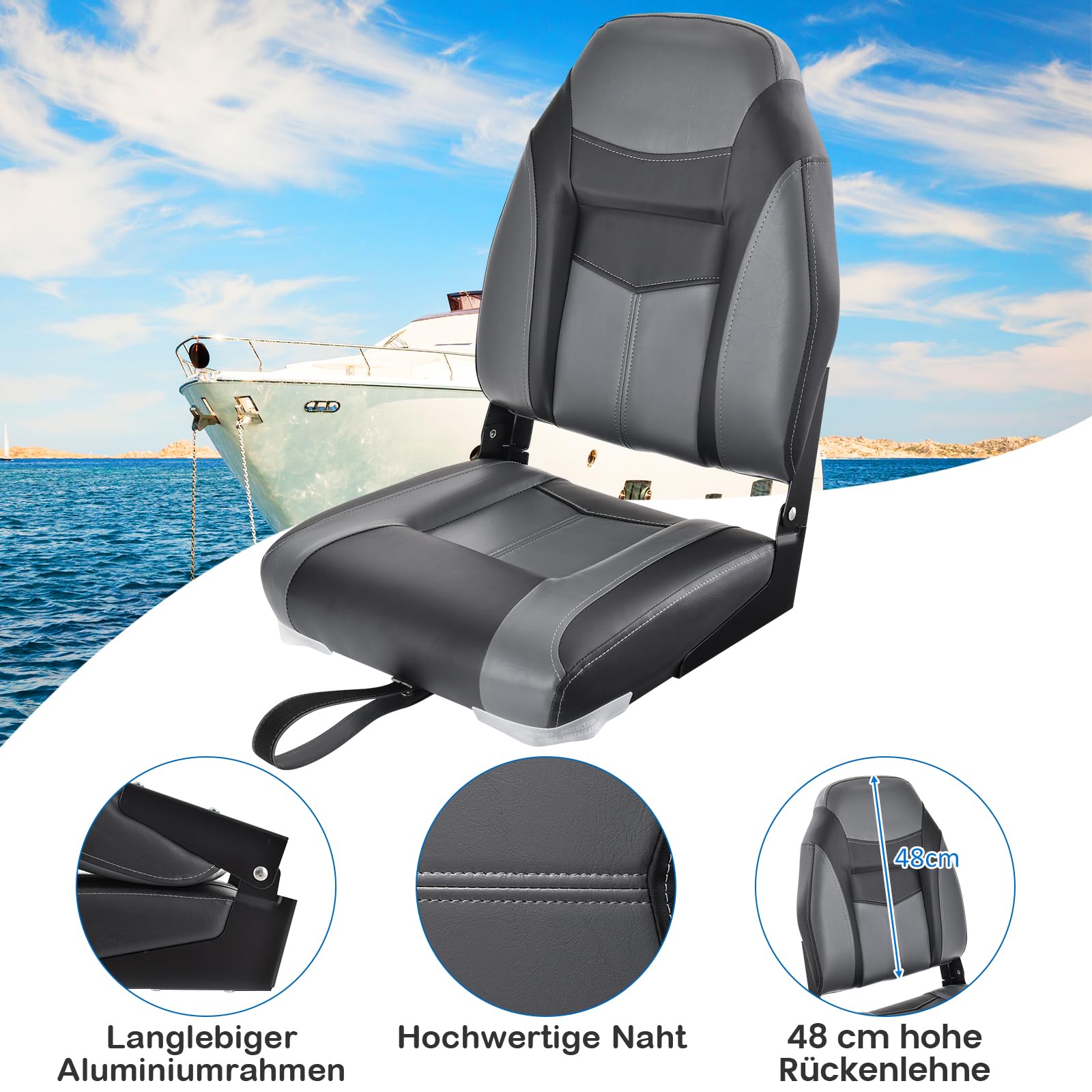 COSTWAY Hochlehner Bootssitz, klappbarer Bootsstuhl mit 10 cm dicker Schwammpolsterung, gepolsterter Steuerstuhl für Boote (Schwarz, Einzeln)