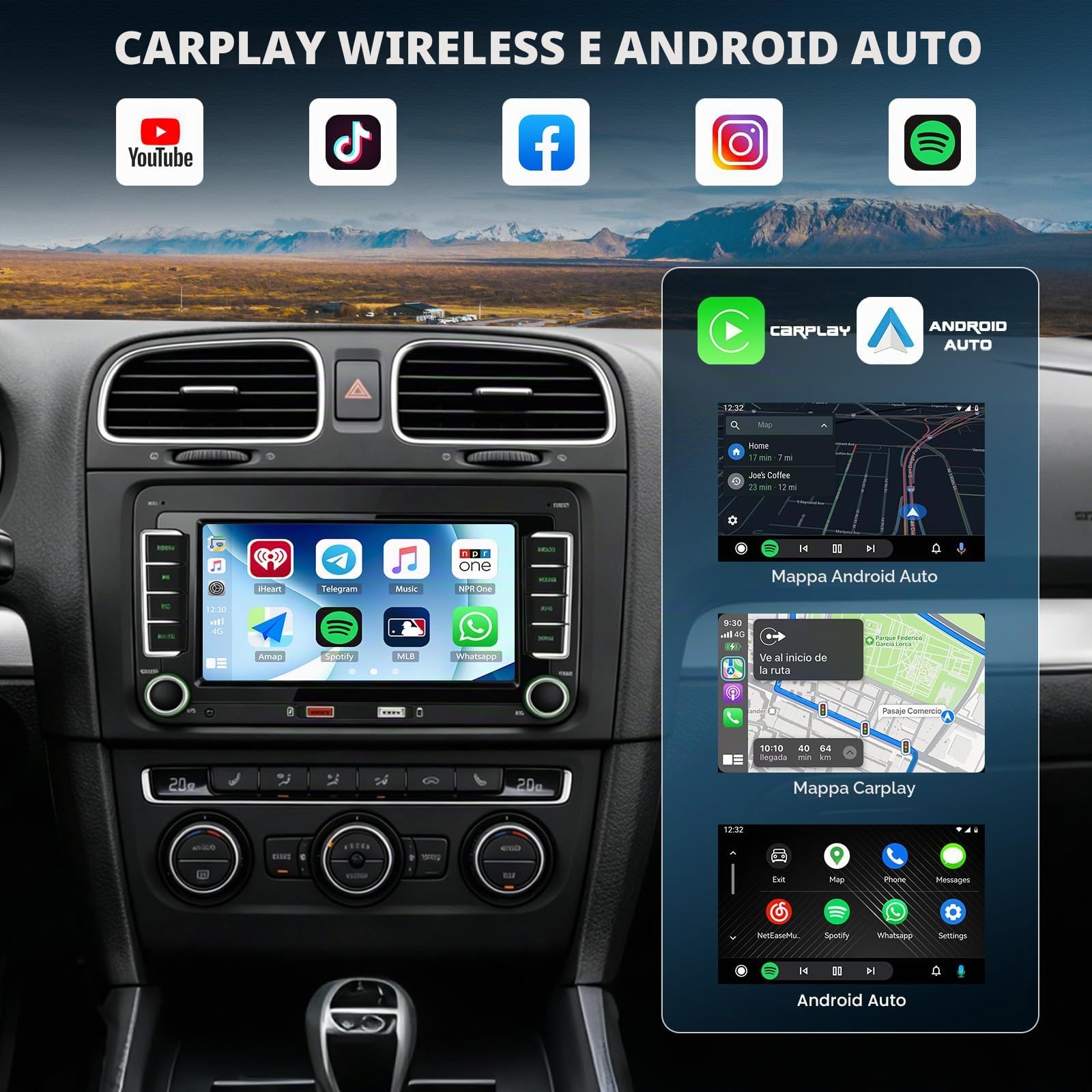 CAMECHO VW Golf 5 Wireless CarPlay Autoradio per Golf 6 Polo con Android Auto, Schermo Tattile IPS da 7 Pollici 2 DIN Radio per Golf 5 con Bluetooth AM/FM/RDS Mirror Link Due Porte USB SWC + Canbus