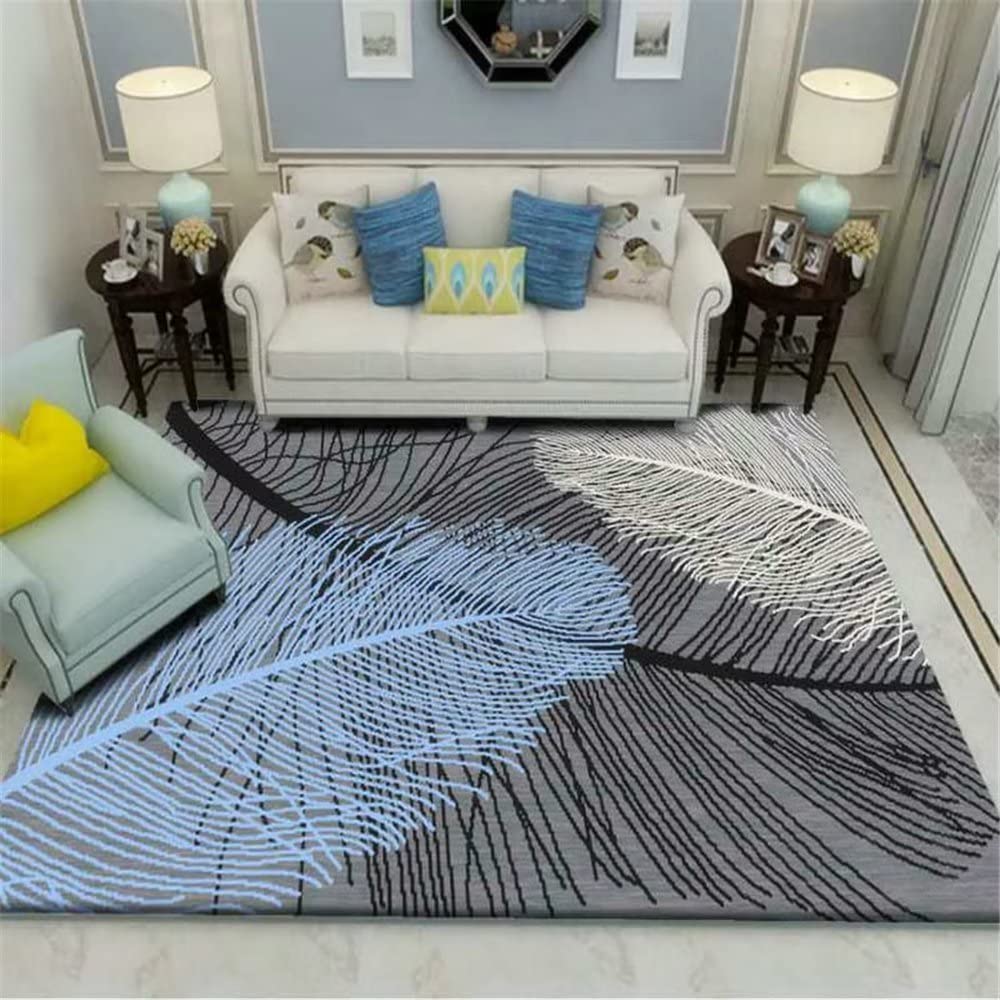 Tapis lavable bleu 140x200cm anti-tache grand motif de plumes