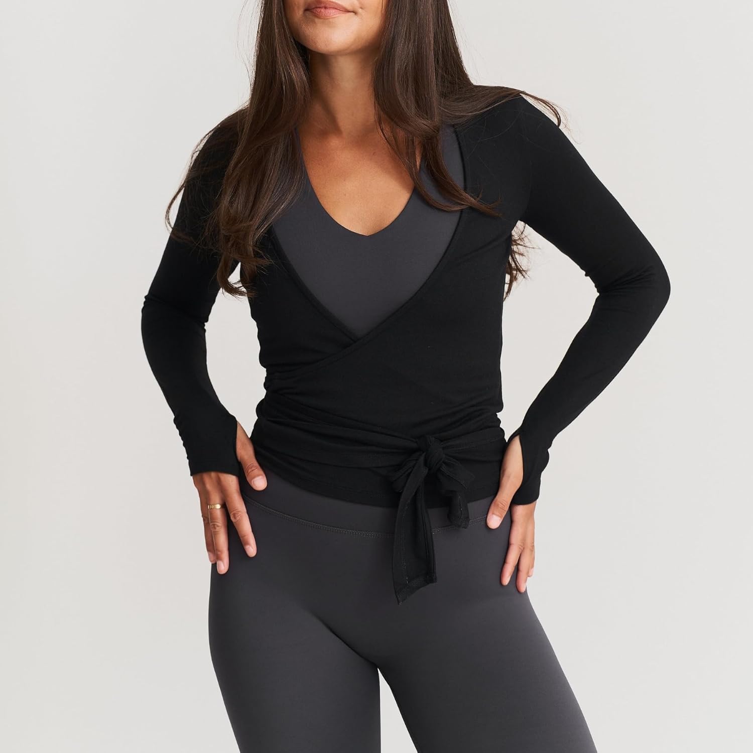 Women Wrap Top Y2K Stretchy Long Sleeve Deep V Neck Cross Tie Workout Ballet Blouse Thumb Hole Pilates Yoga Shirt - Image 2