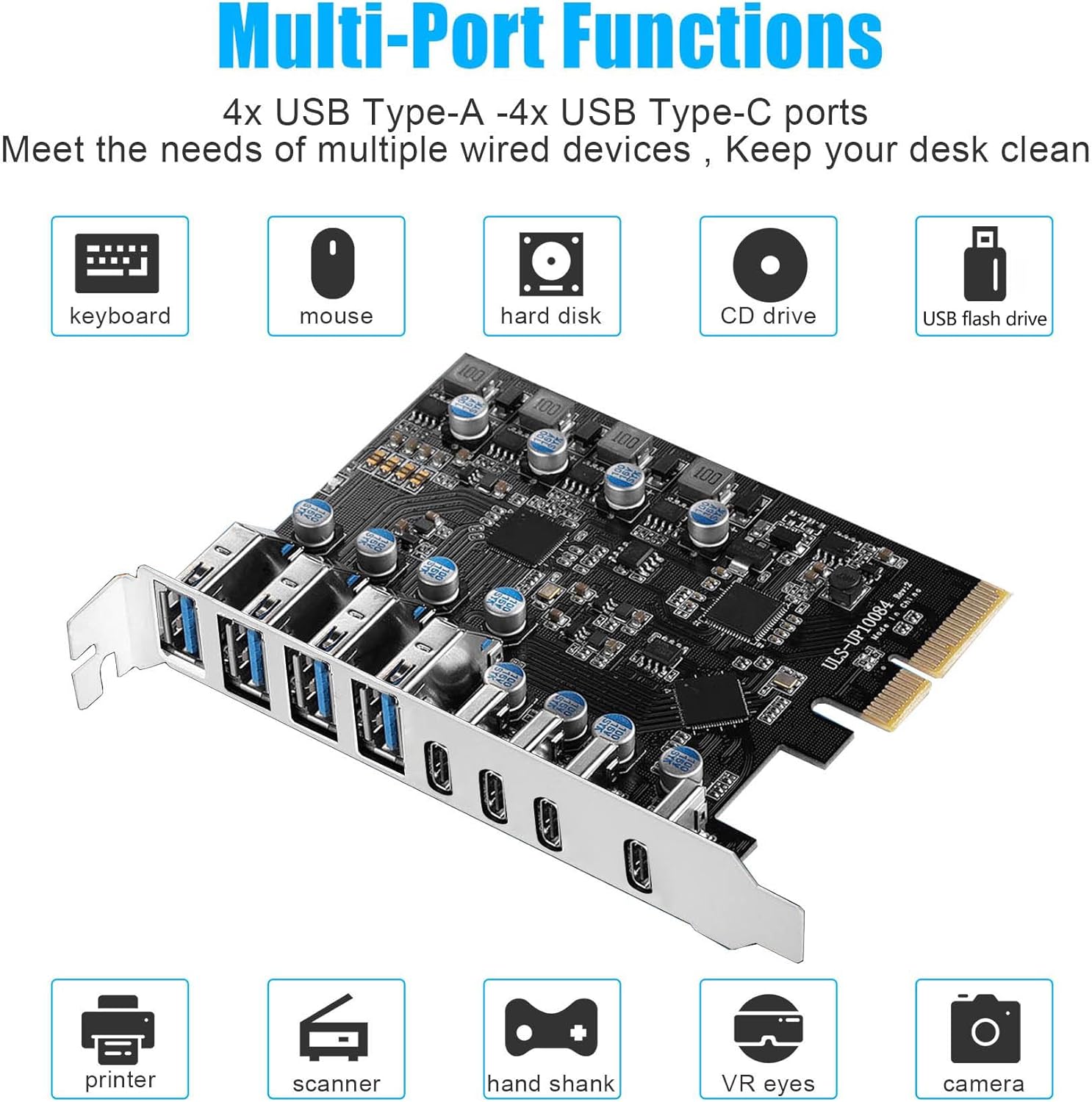 8 Ports USB PCIe Card PCIe USB 3.2/3.1 Gen 2 Card (4X USBC - 4X Type A),10Gbps Bandwidth PC Internal hub for Windows Linux Mac (Silver)