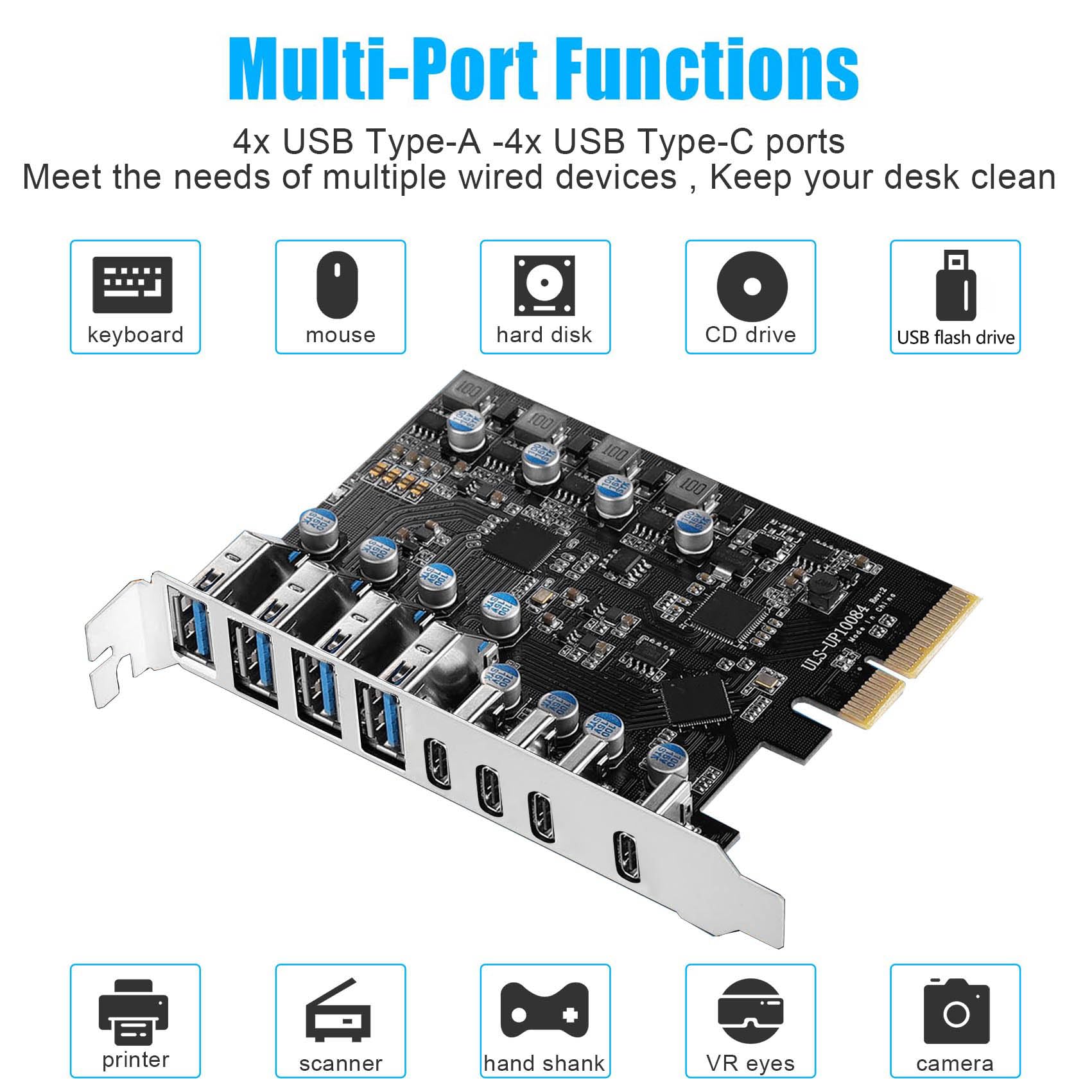 Scheda PCIe USB 3.2/3.1 Gen 2 8 porte USB PCIe Card (4X USB C - 4 USB A) Scheda di espansione da 10 Gbps PC hub USB interno per Windows 10/8/7, Linux e Mac Pro 4.1/5.1 (argento)