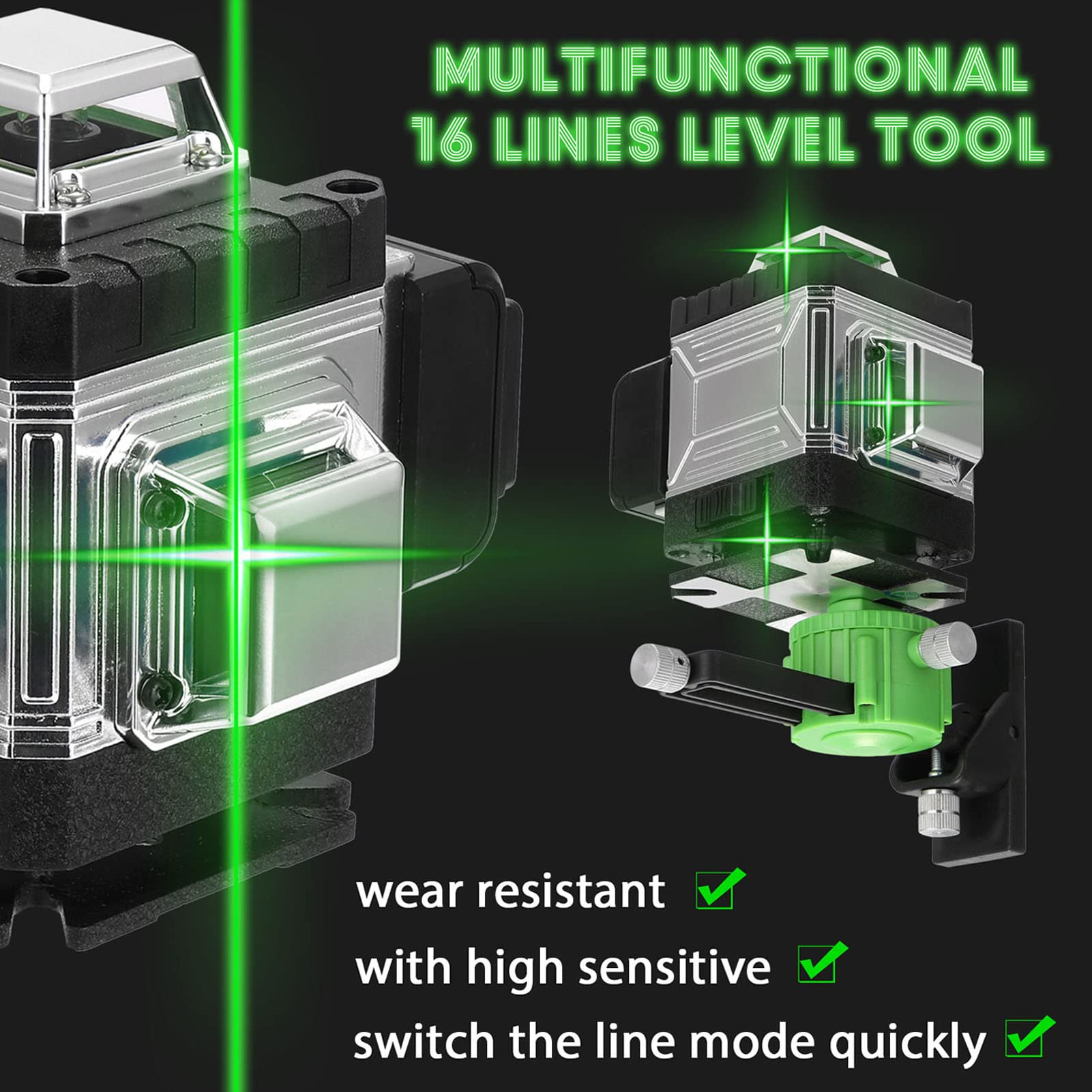 Niveau laser en 4 x 360° 4D 16 Lignes Auo-équilibrage du Niau Laser Vert Rotatif Outil de Niveau Vertical Horizontal avec d'auto-Nivellement IP54 Batteries Rechargeables