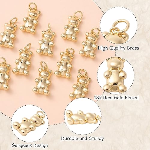 Miniatura 4 de KitBeads 10 dijes de oso chapados en oro real de 18 quilates, de latón, gomosas, osos kawaii, para hacer joyas, pulseras, collares a granel Dados de