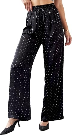 Womens Glitter Wide Leg Pants Satin Silky Sparkly Sequin Party Club Nightout Casual Slacks Pants