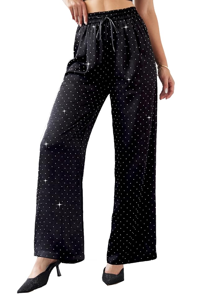 Womens Glitter Wide Leg Pants Satin Silky Sparkly Sequin Party Club Nightout Casual Slacks Pants