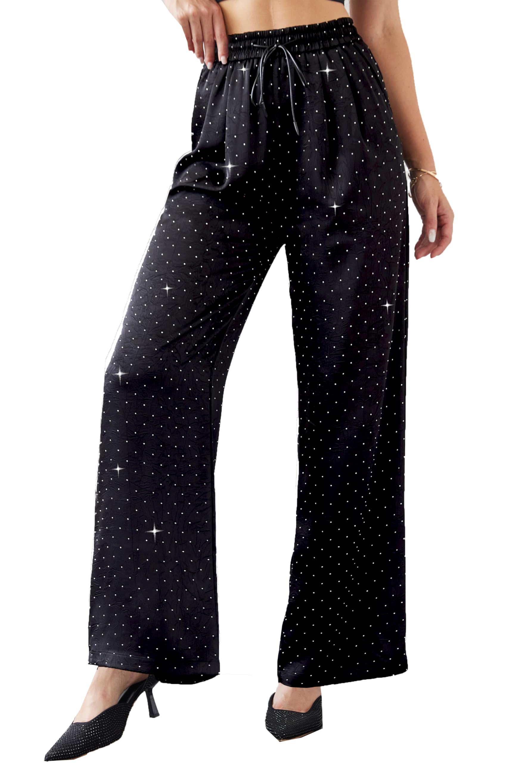 Womens Glitter Wide Leg Pants Satin Silky Sparkly Sequin Party Club Nightout Casual Slacks Pants