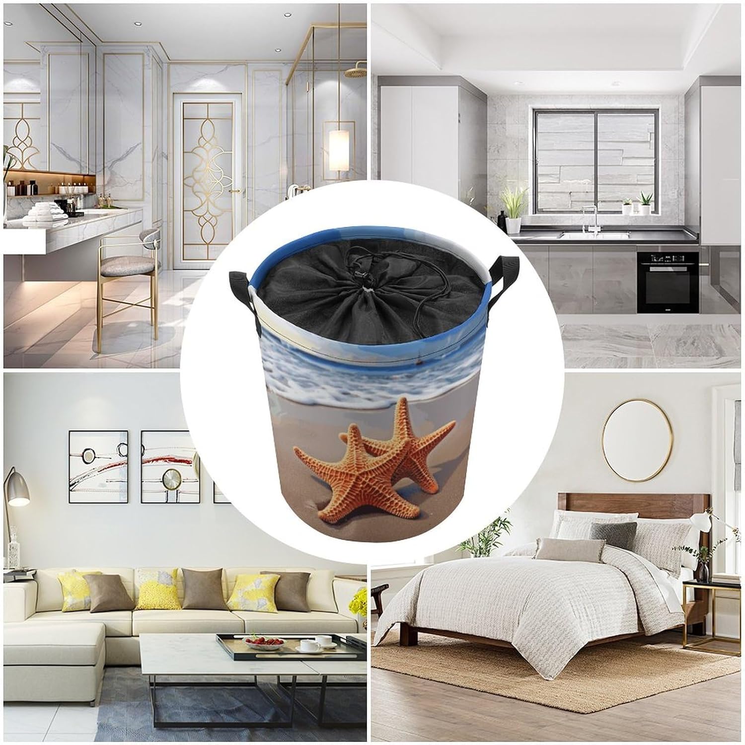 Starfish on The Beach Laundry Basket Collapsible Clothes Hamper with Reinforced Handles Large Capacity Waterproof Laundry Bag Freestanding Laundry Hamper for Bedroom Bathroom