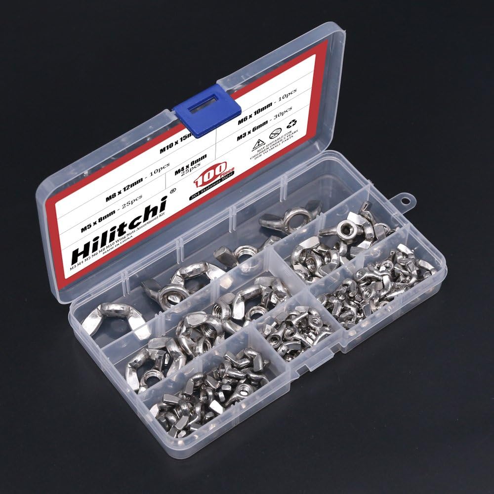 Hilitchi 100-Pcs M3 M4 M5 M6 M8 M10 Wingnut Butterfly Wing Nuts Assortment Kit, 304 Stainless Steel