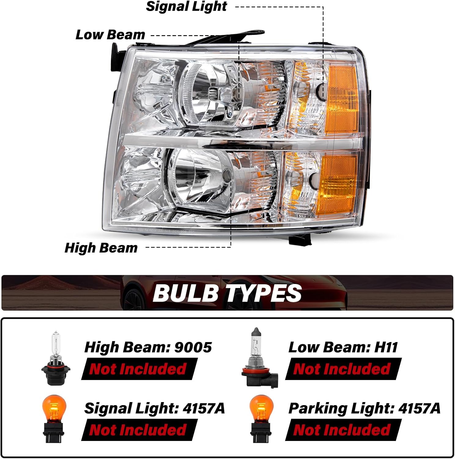 Bingbingmotor BRYGHT Fits for 2007 2008 2009 2010 2011 2012 2013 2014 Chevy Silverado Headlight Assembly NO FOGGING 07-13 1500 2500 3500 HD Left Driver Side, Chrome Housing & Amber Reflector