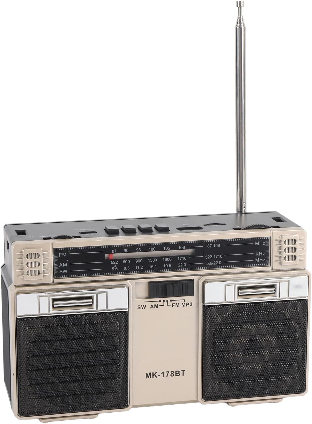 Top view of EBTOOLS Portable Radio showing control buttons, USB, and TF card slots