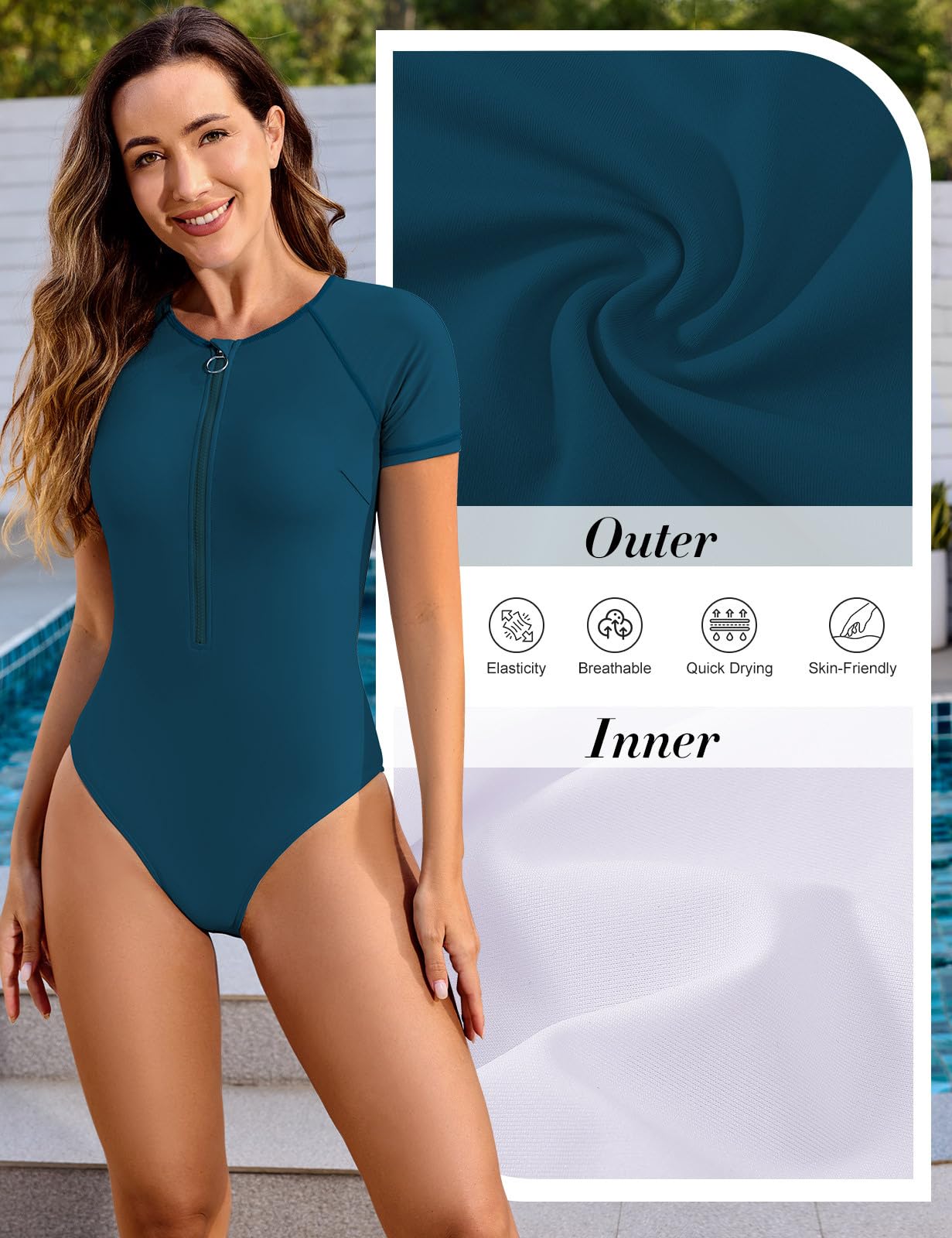 Tuopuda Maillot de Bain Femme 1 Pieces Zip Up Surfwear Maillots Une Pièce Col Haut Fermeture éclair Manches Courtes Rash Guards Swimwear Slim Push Up Swimsuit