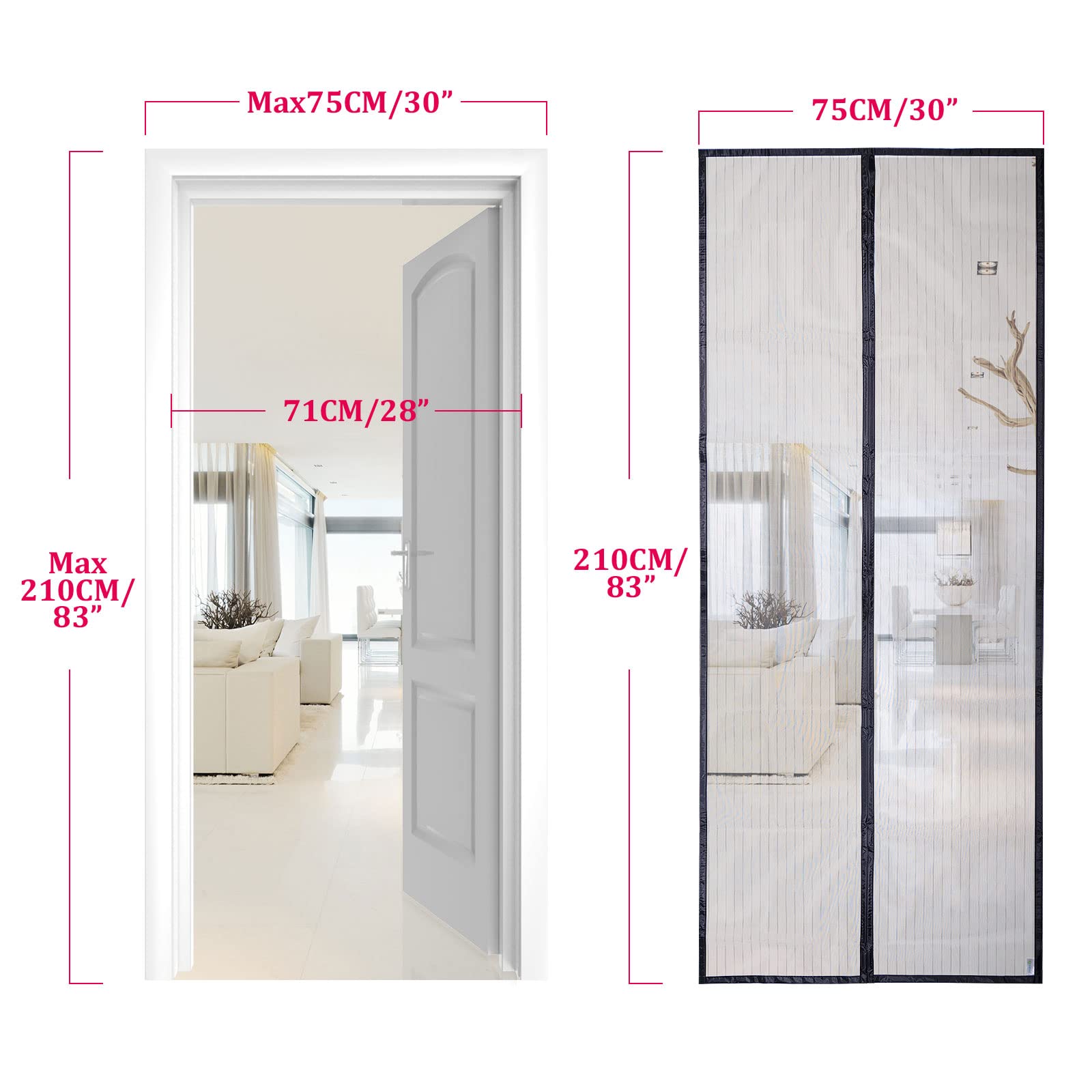 Apalus Tenda con Magneti per Porte, 75x210 CM - Rete Fine, Tenda Totalmente Magnetica, si Chiude da Sola - Non Accorciabile (Nero)