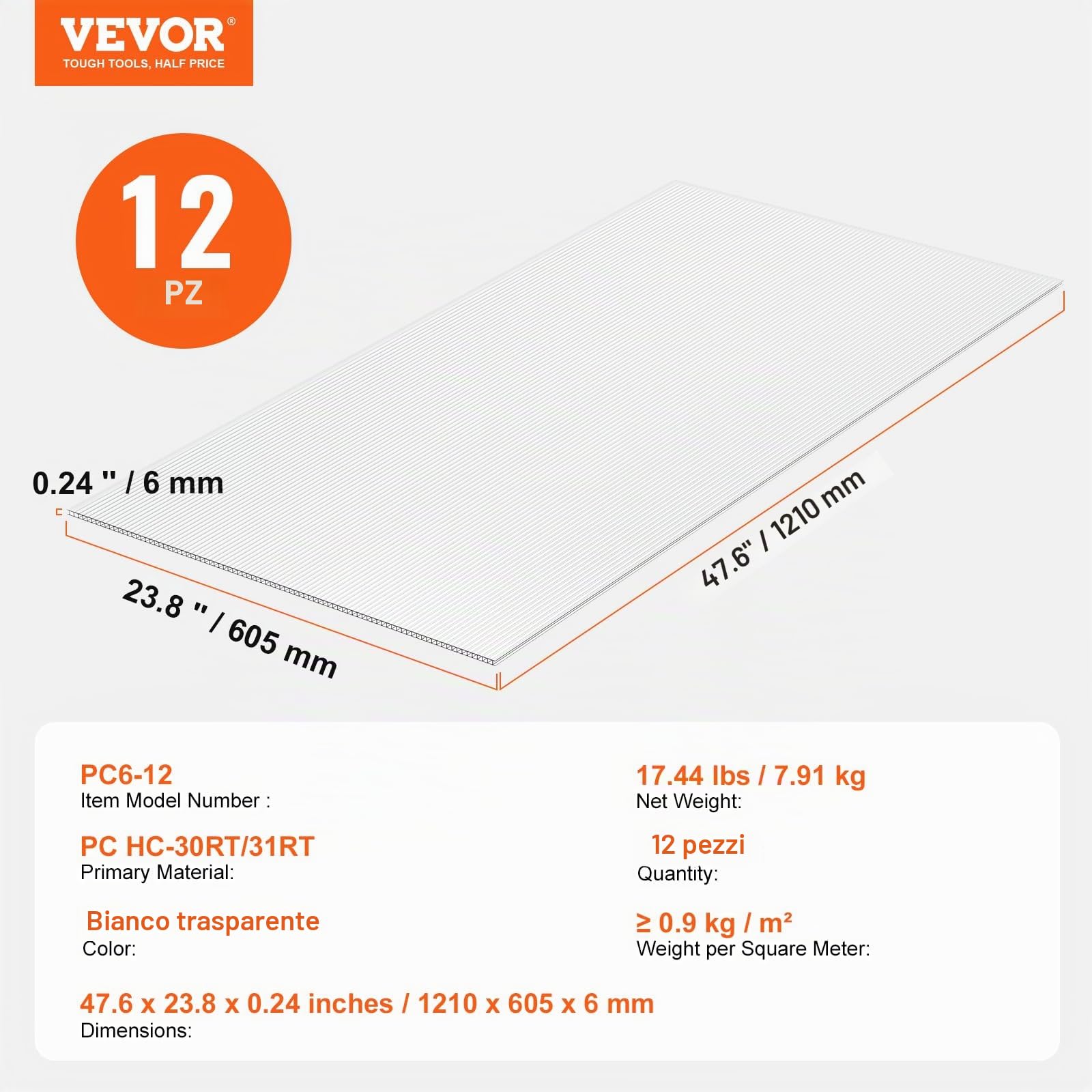 VEVOR Pannelli per Serre in Policarbonato per Tetti 12 Pezzi, 1210 x 605 x 6 mm, Coperture in Plastica Ondulata Impermeabile e Protetta dai Raggi UV, Lastre Trasparenti per Coperture Urti per Serre