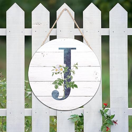 Miniatura 2 de Letrero de bienvenida para puerta con letra inicial J azul, redondo, de madera, monograma, blanco, floral, madera, letrero de flores artificiales