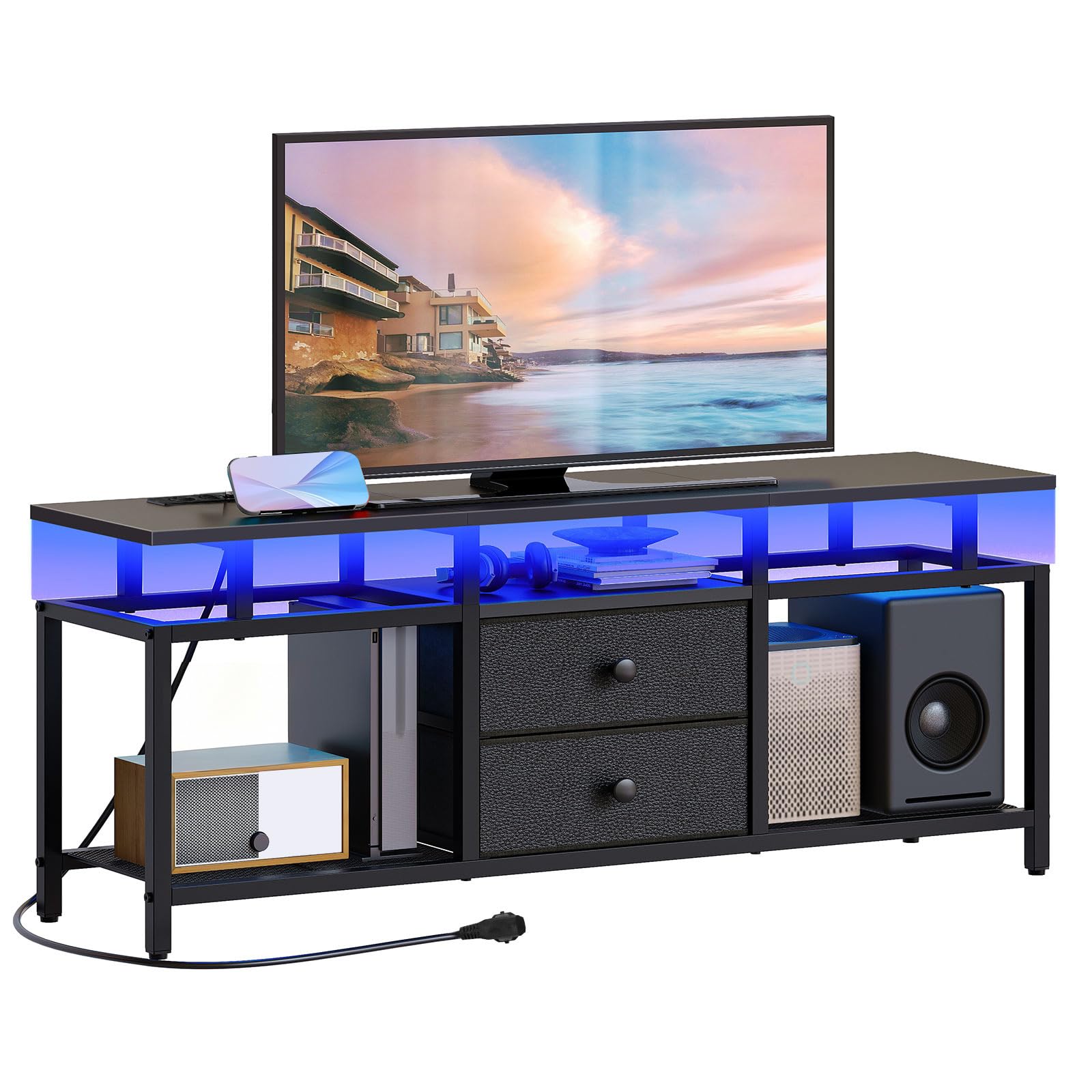 YATINEY Meuble TV Flottant, pour télé de 45'' Pouces maximale, Console Média avec Station de Charge et Ruban LED, 2 tiroirs, Centre de Divertissement pour Salon, Chambre, Noir XDS03CDBB