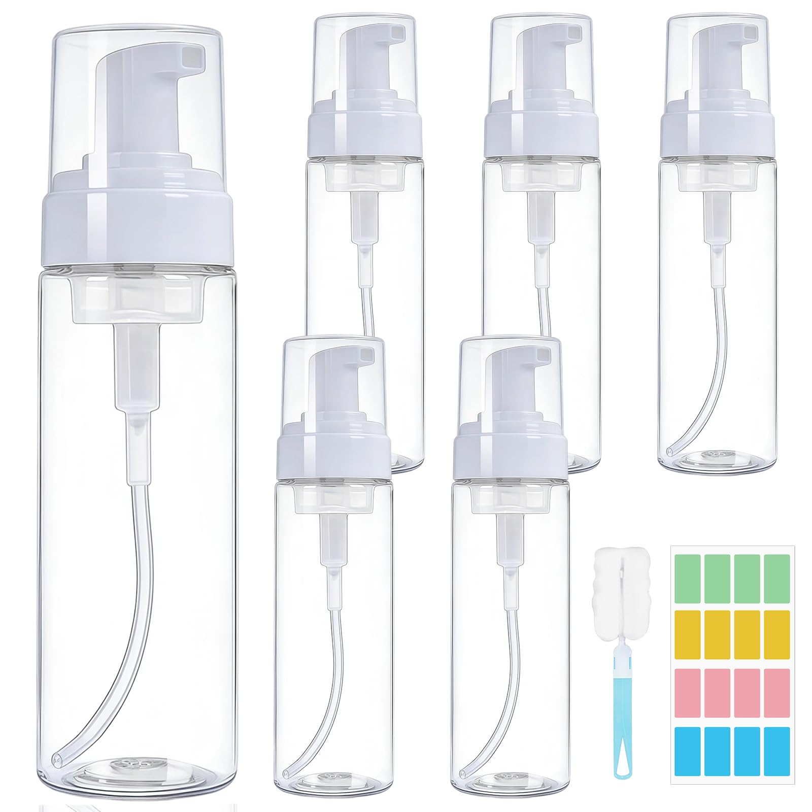 Maxumille 6 Pack Foam Pump Bottle Travel 200ml, Mousse Foam Soap Dispenser with Sitcker, Brush, Clear Plastic Foaming Soap Dispenser Refillable for Face Wash Lash, Liquid Hand Soap Mousse Bottle