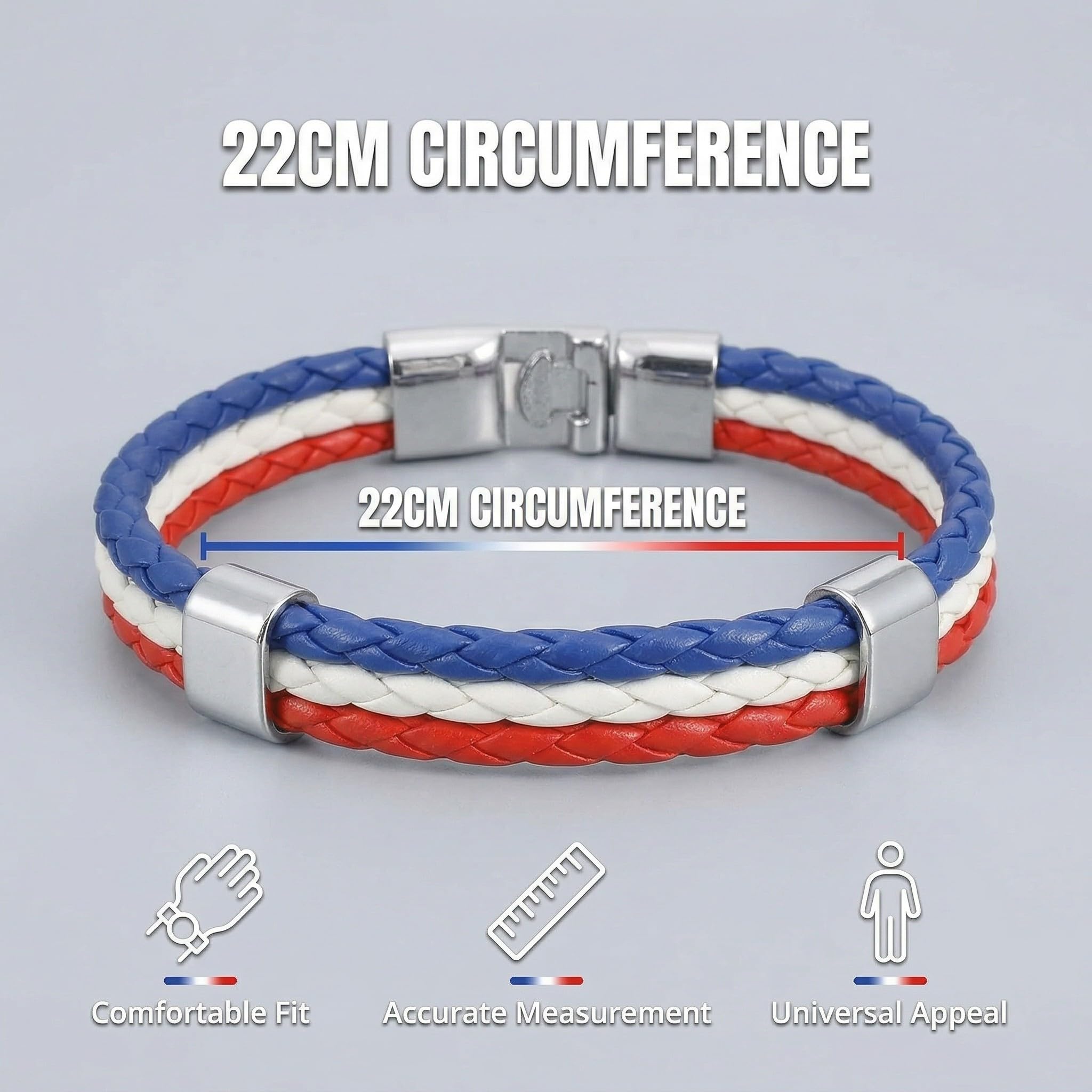 Lot de 2 Bracelet France Drapeau Français en Cuir Synthétique Bleu Blanc Rouge 22cm