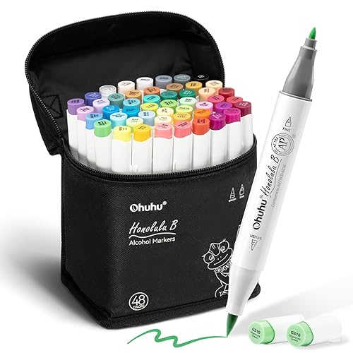 Ohuhu Alcohol Markers Brush Tip 48 Colors- Brush& Fine Double Tipped Art Marker Set for Artist Adults Coloring Sketching Illustration- Honolulu B- Pen Gifts - Brush & Fine